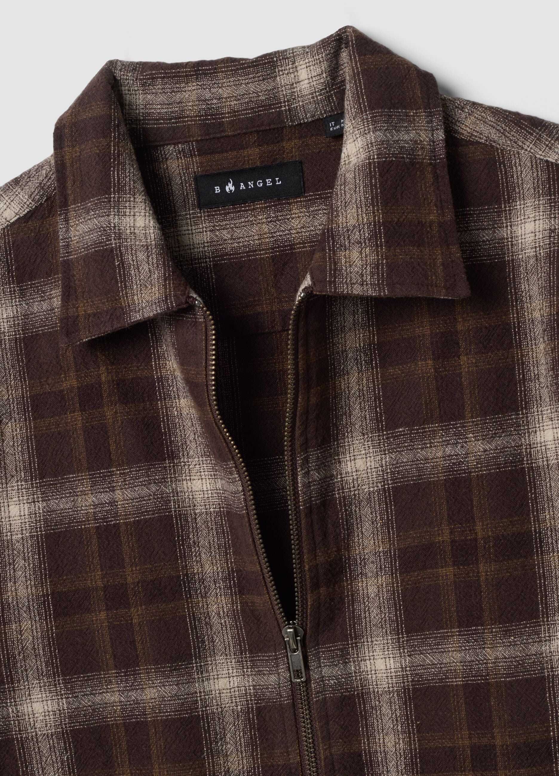 Brown cropped pure-cotton checked shirt with zip, oversized fit