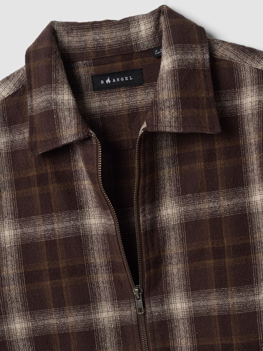 Brown cropped pure-cotton checked shirt with zip, oversized fit_1