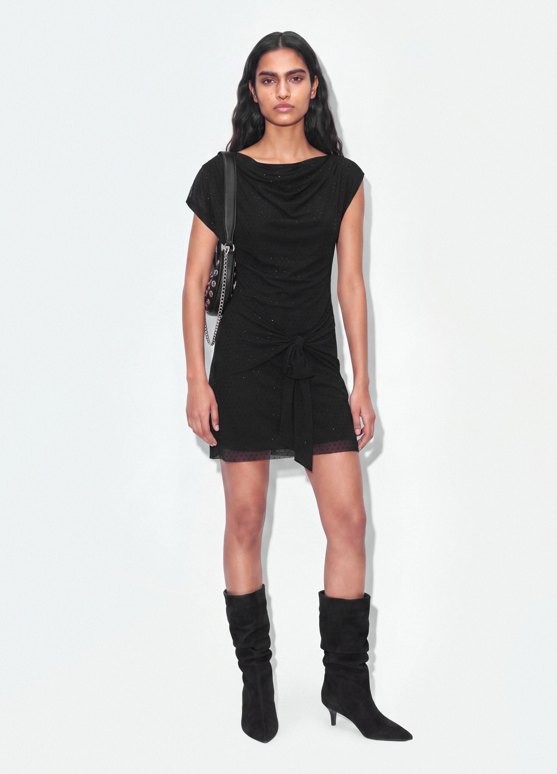 Black stretch-fabric dress with draping, regular fit