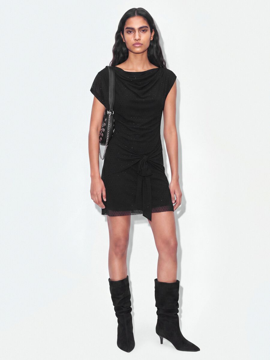 Black stretch-fabric dress with draping, regular fit_1
