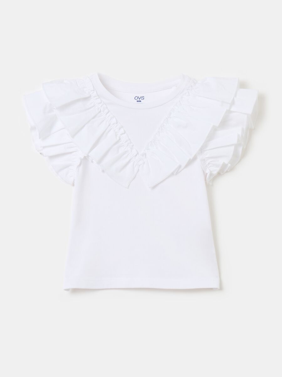Stretch cotton T-shirt with ruffles_0
