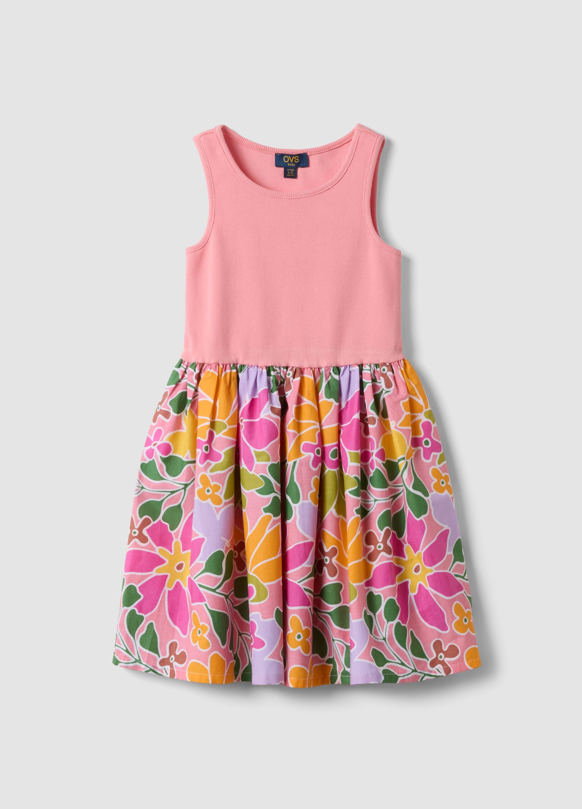 Pink stretch cotton dress with floral print skirt