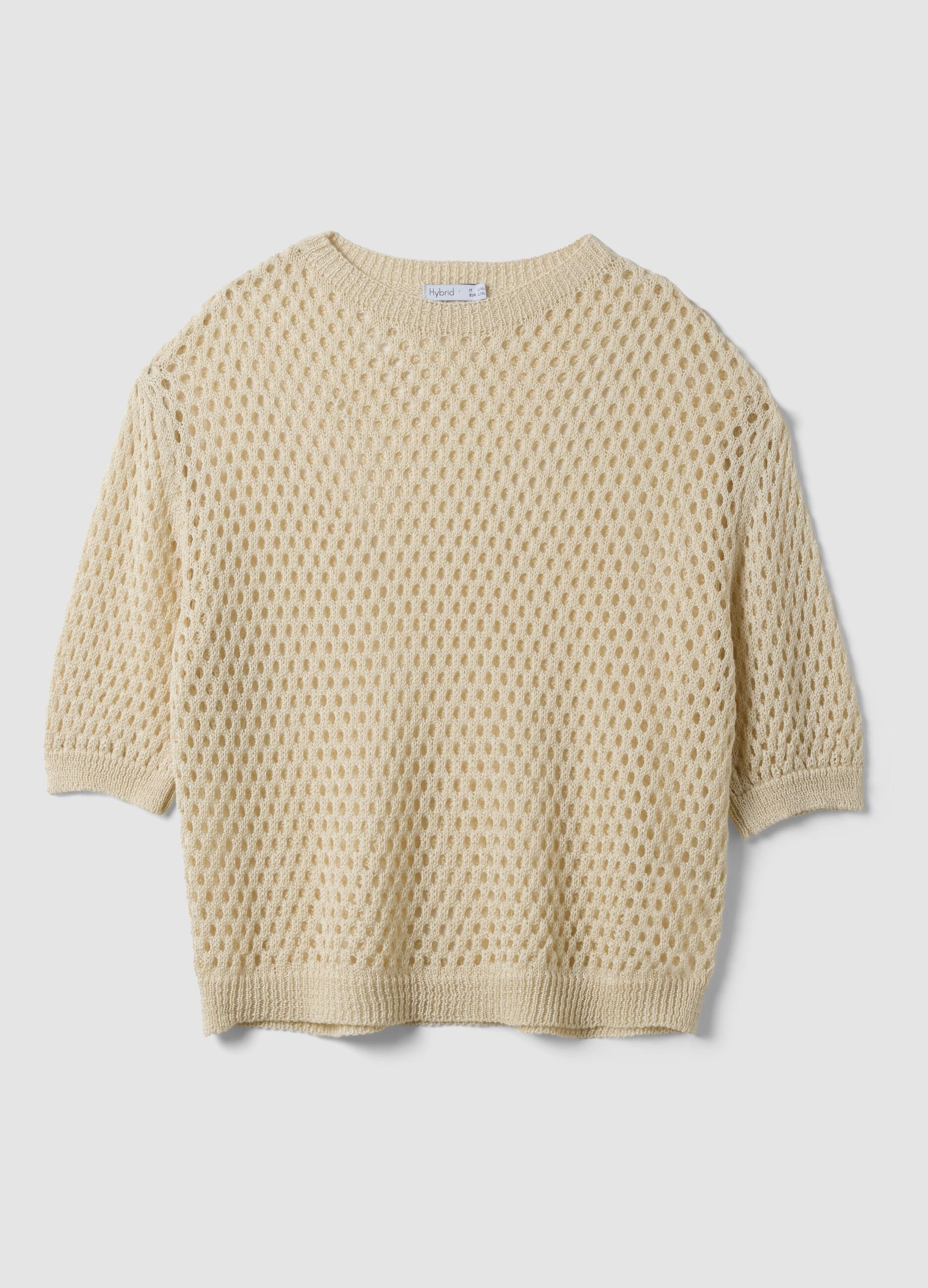 Beige open-knit three-quarter sleeve jumper