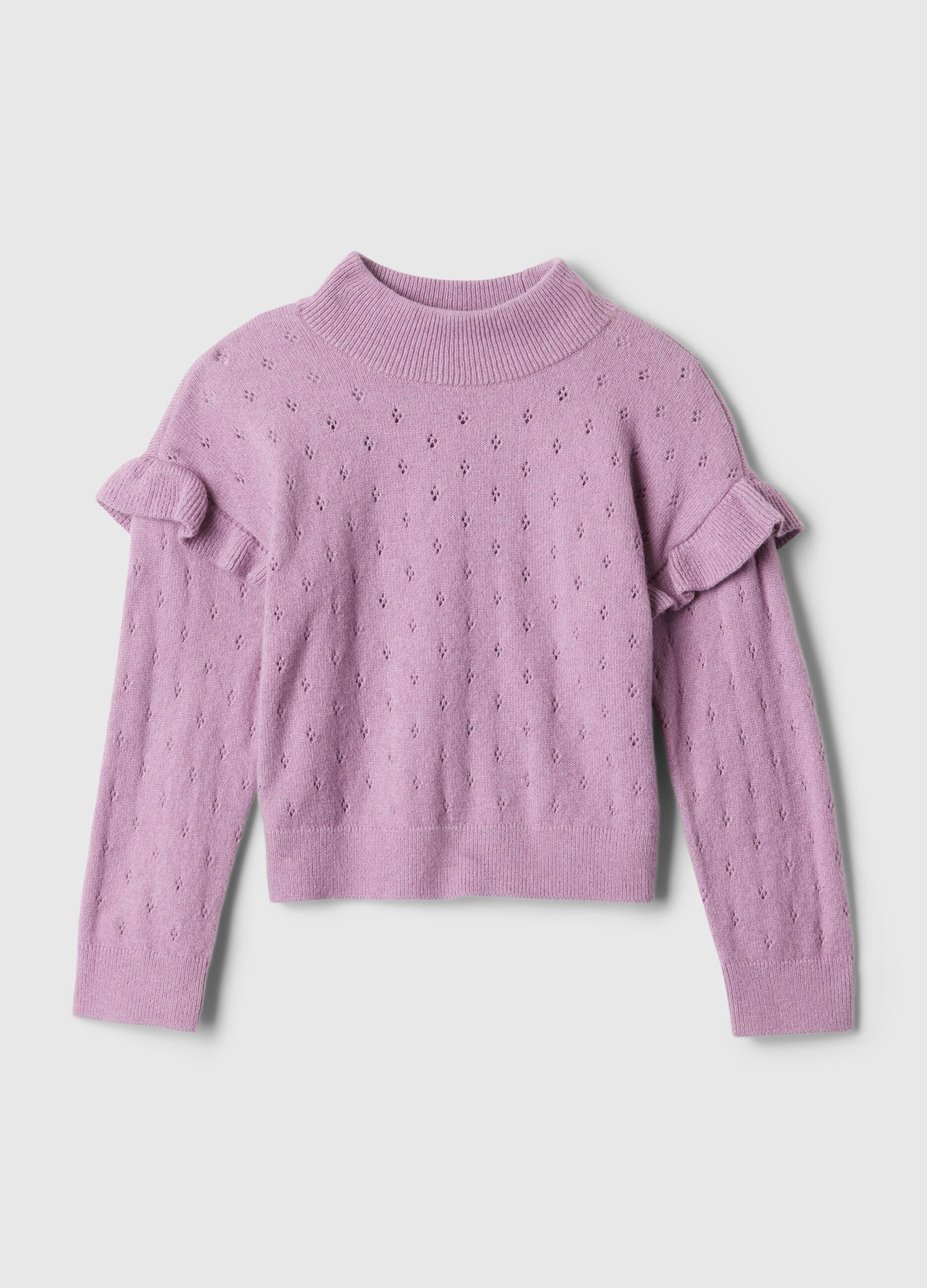 Pointelle pullover with mock neck with frills