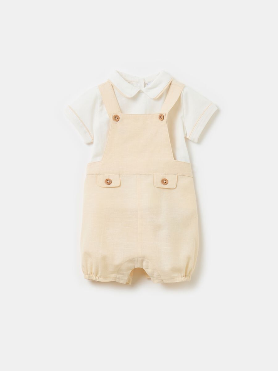 Cotton T-shirt and cotton and linen dungarees set_0
