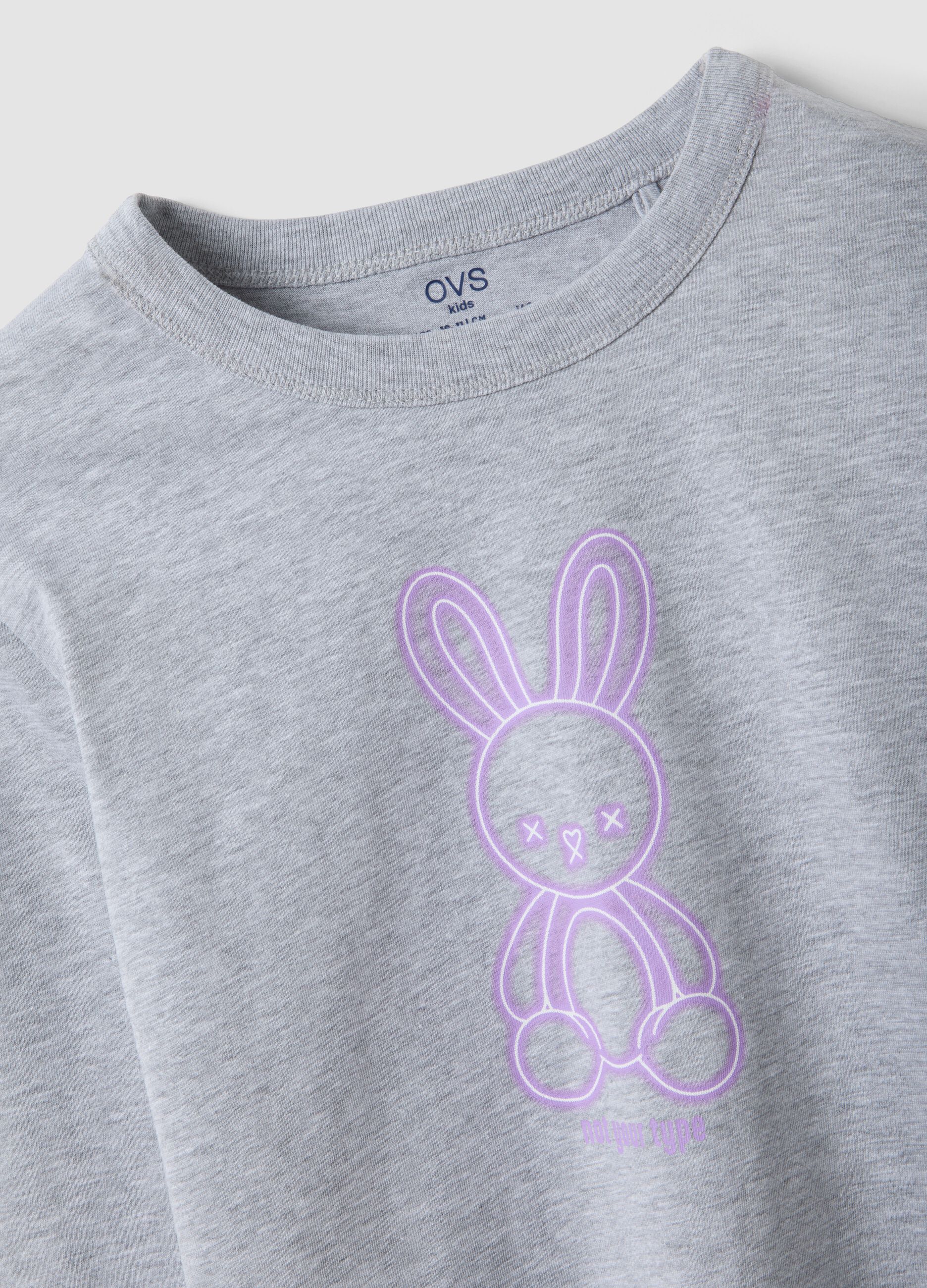 Girls&rsquo; grey organic cotton crop T-shirt with ribbed neckline