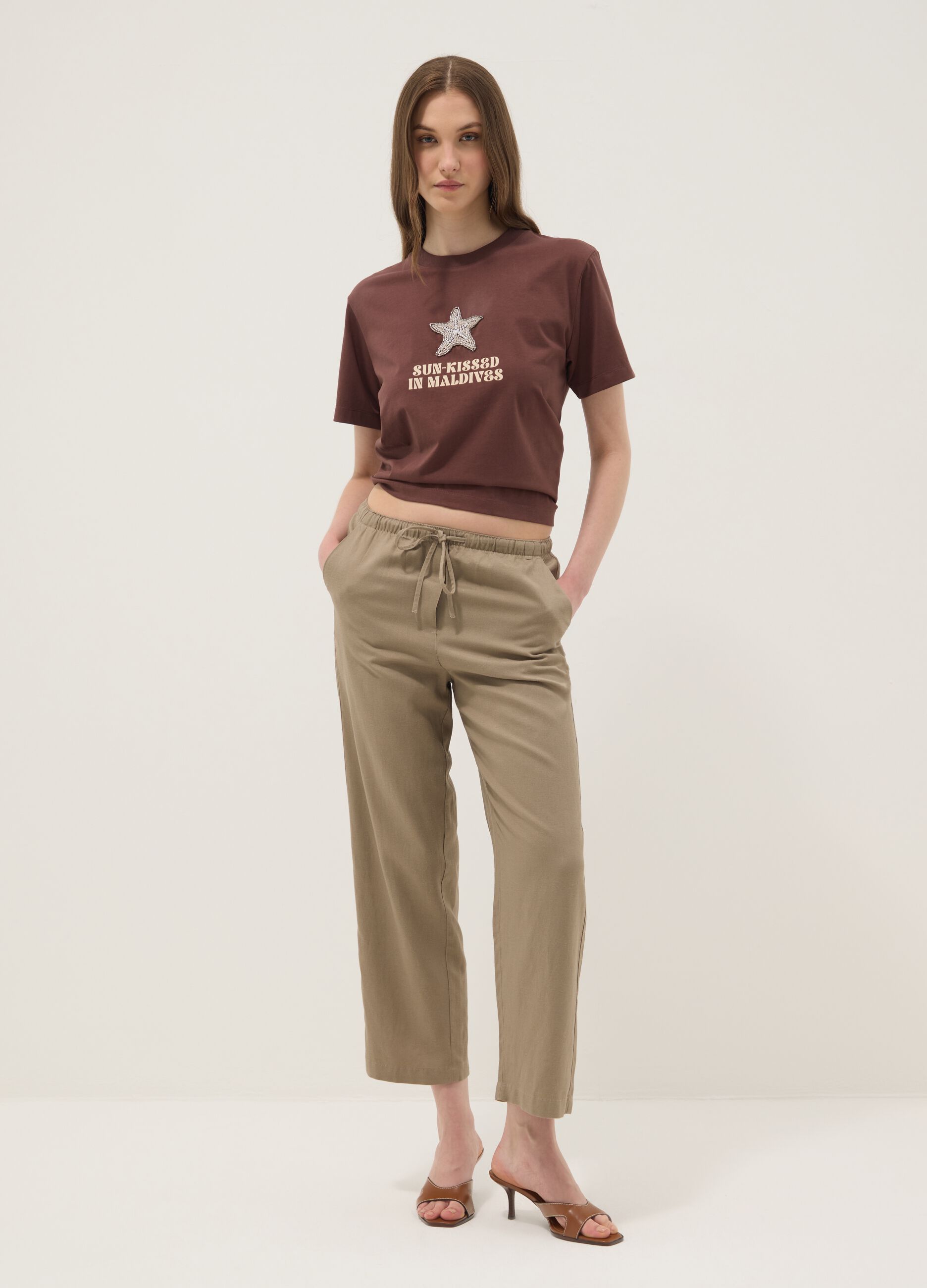 Brown short-sleeved pure cotton T-shirt