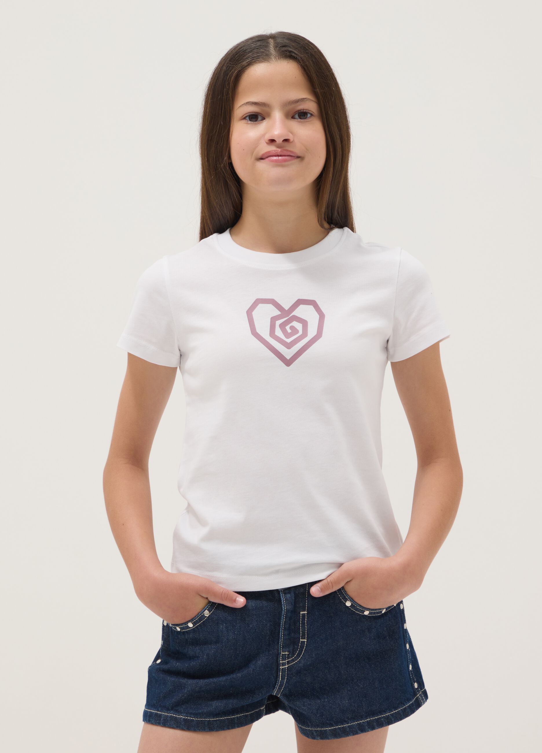 Girls' white organic cotton short-sleeved T-shirt, regular fit