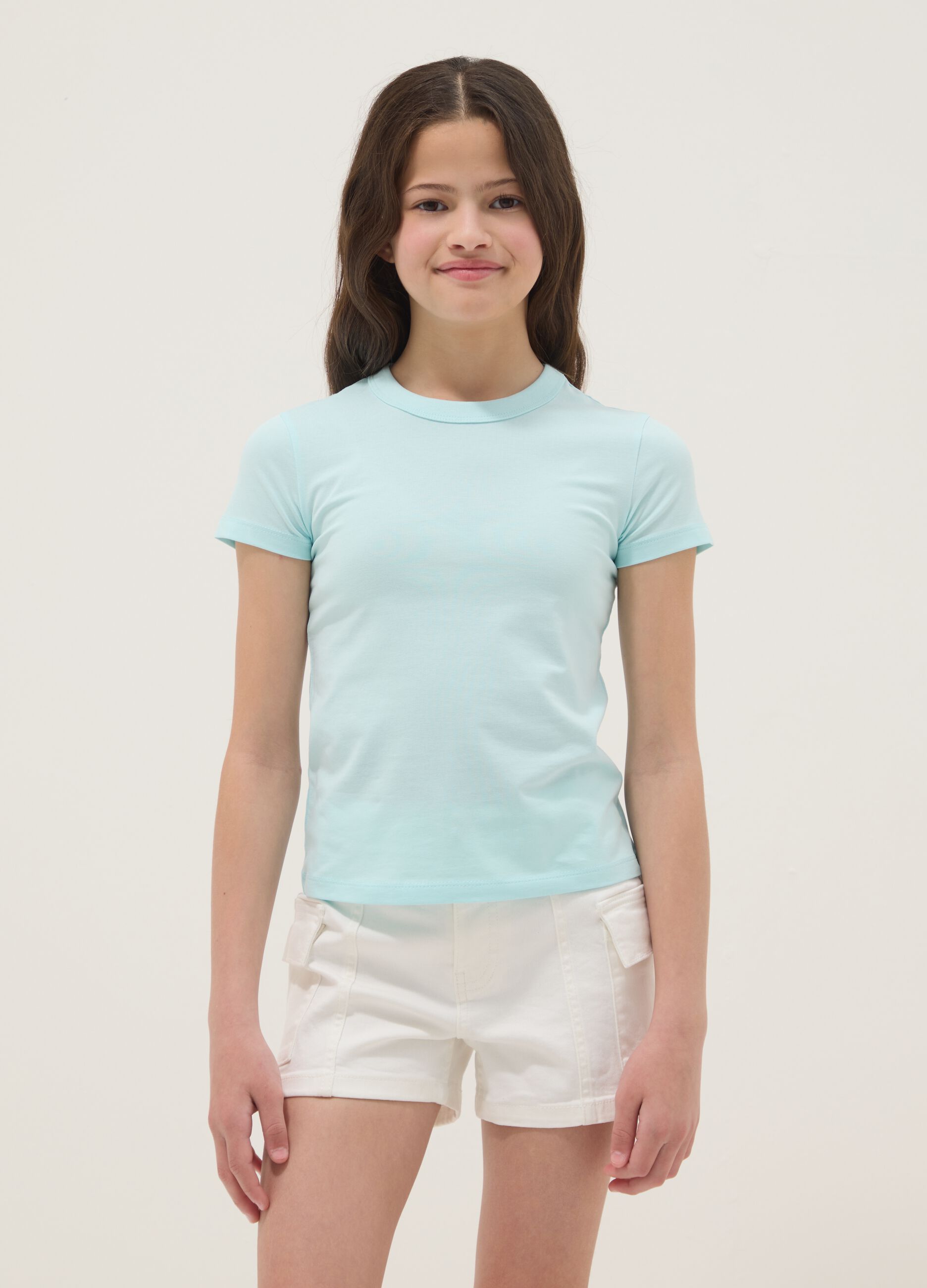 Girls&rsquo; light blue stretch cotton T-shirt, regular fit