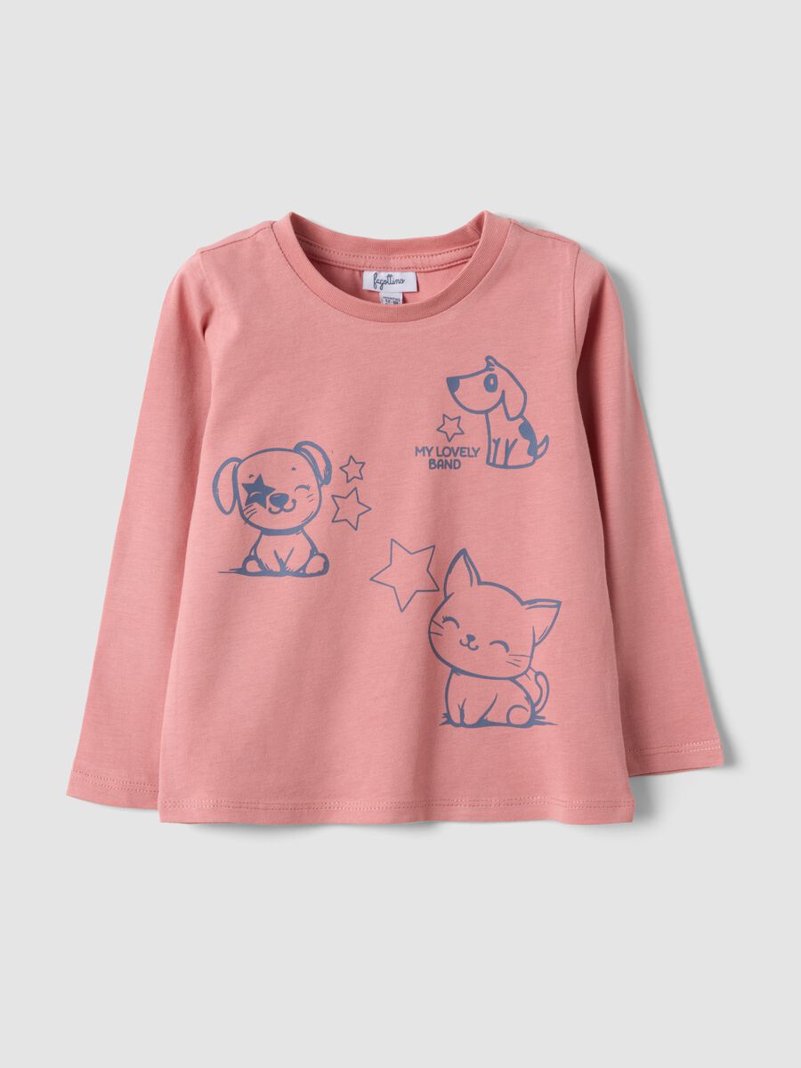 Maglietta rosa in puro cotone organico con stampa animaletti per bimba_0