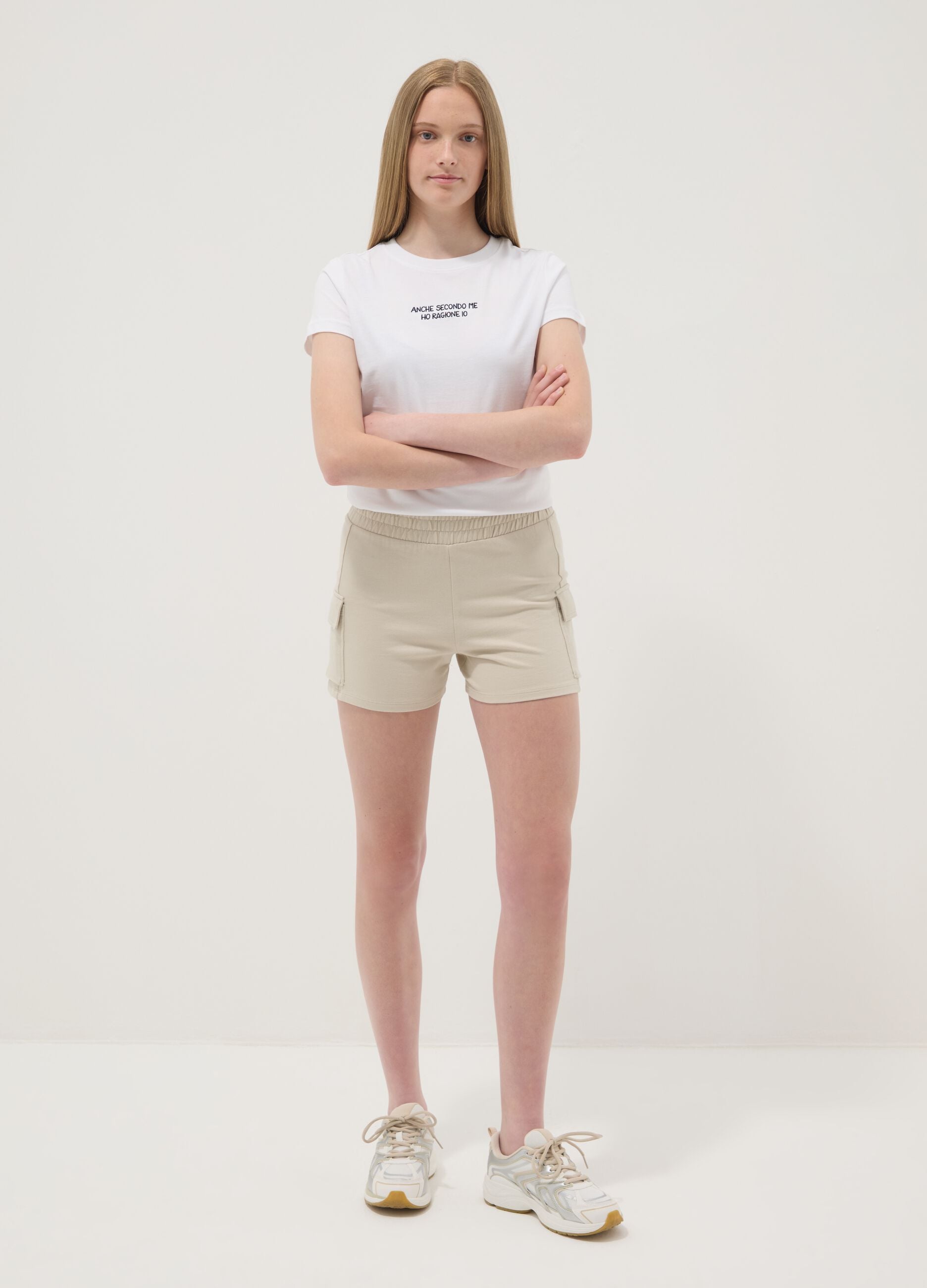 Girls' beige cotton-blend cargo shorts with relaxed fit