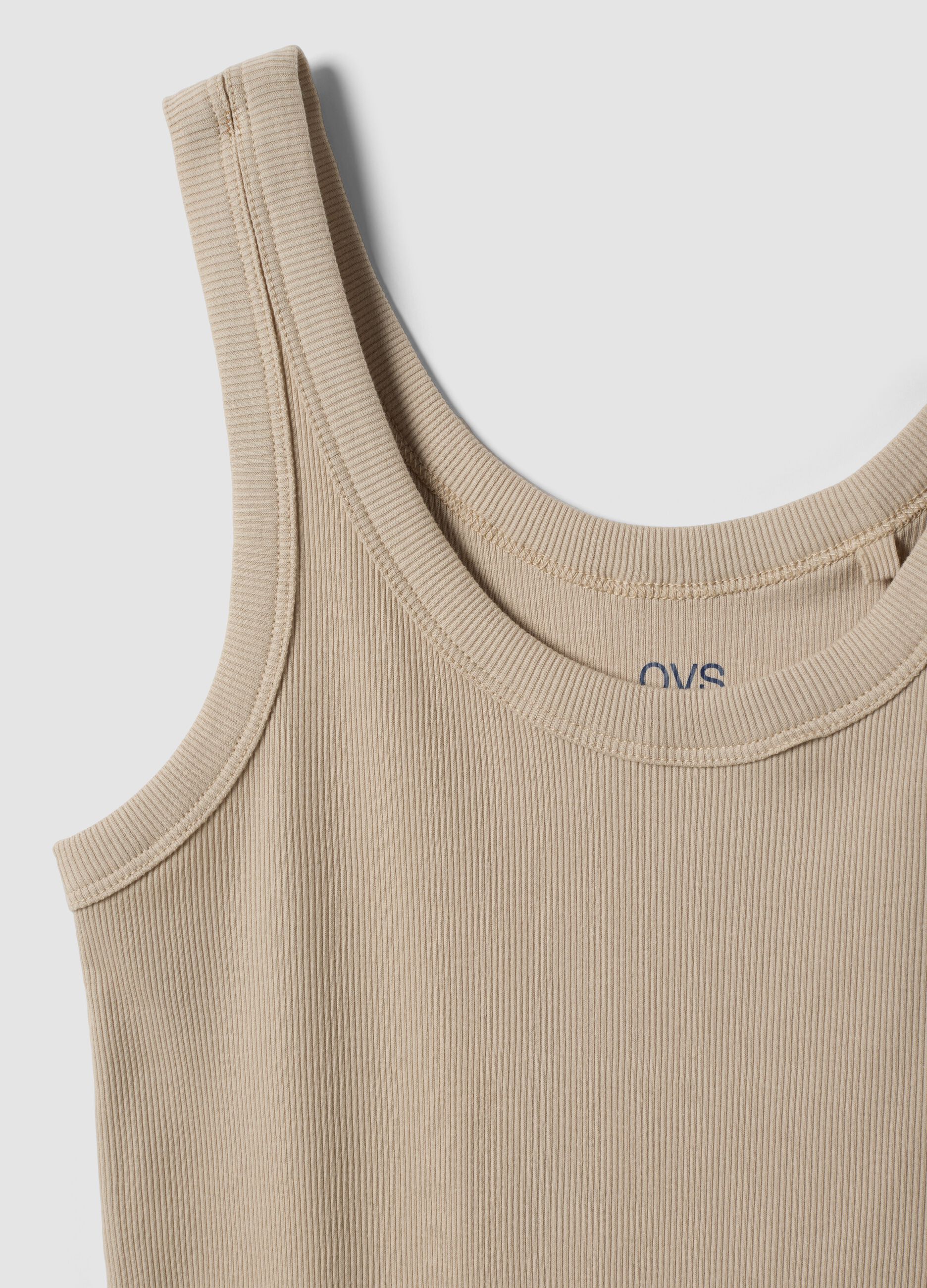 Beige pure cotton ribbed vest top, regular fit