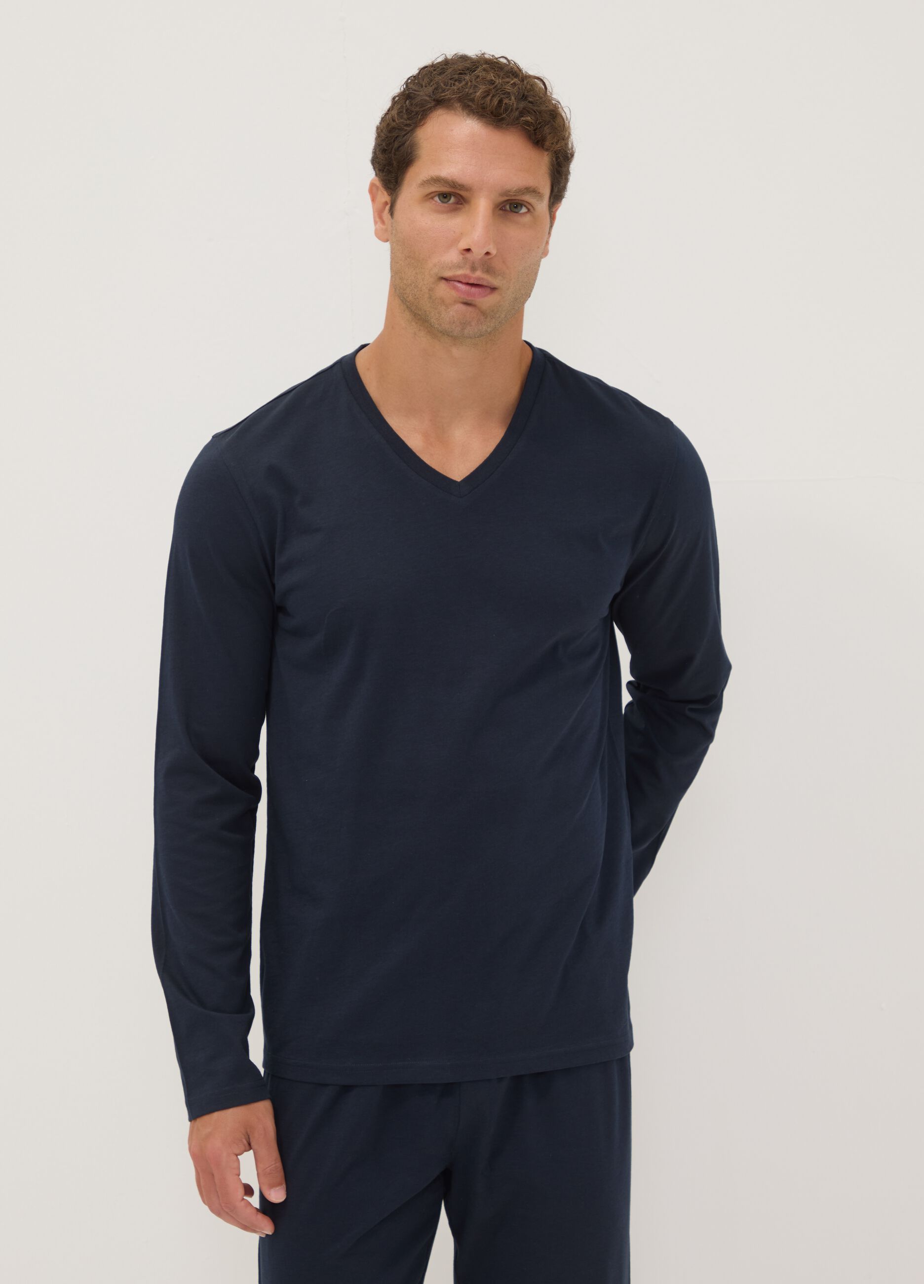 Blue pure organic cotton V-neck pyjamas, regular fit