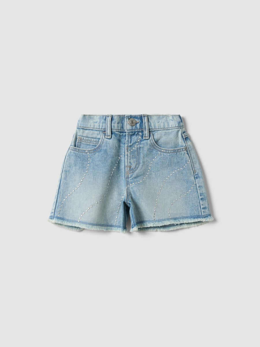 Light blue pure cotton denim shorts with rhinestones_0