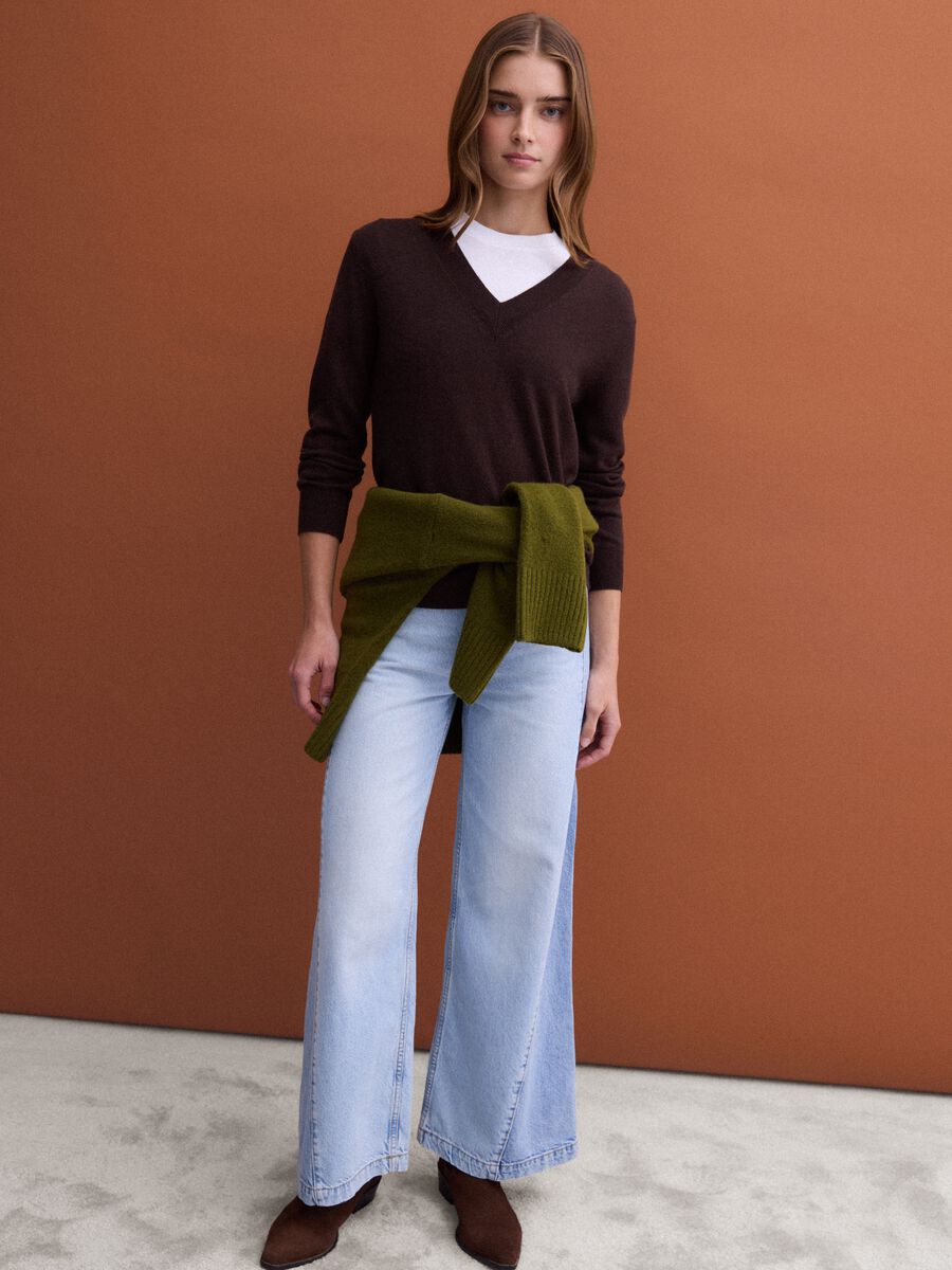 Brown pure wool jumper with deep V-neck_1