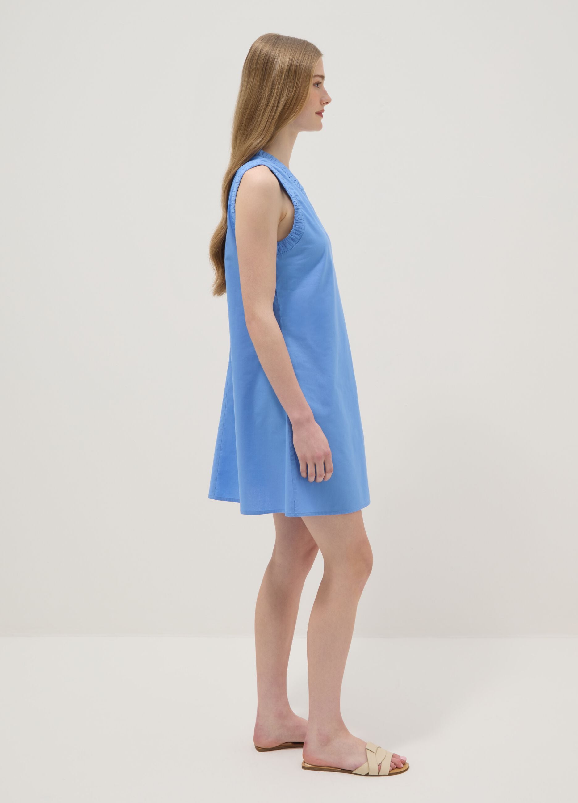 Light Blue Pure Cotton Regular Mini Dress with Ruched V-Neck