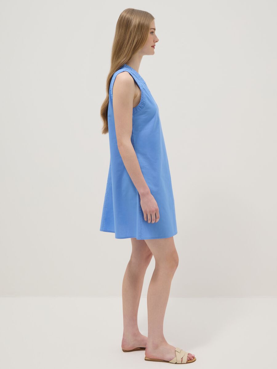 Light Blue Pure Cotton Regular Mini Dress with Ruched V-Neck_1