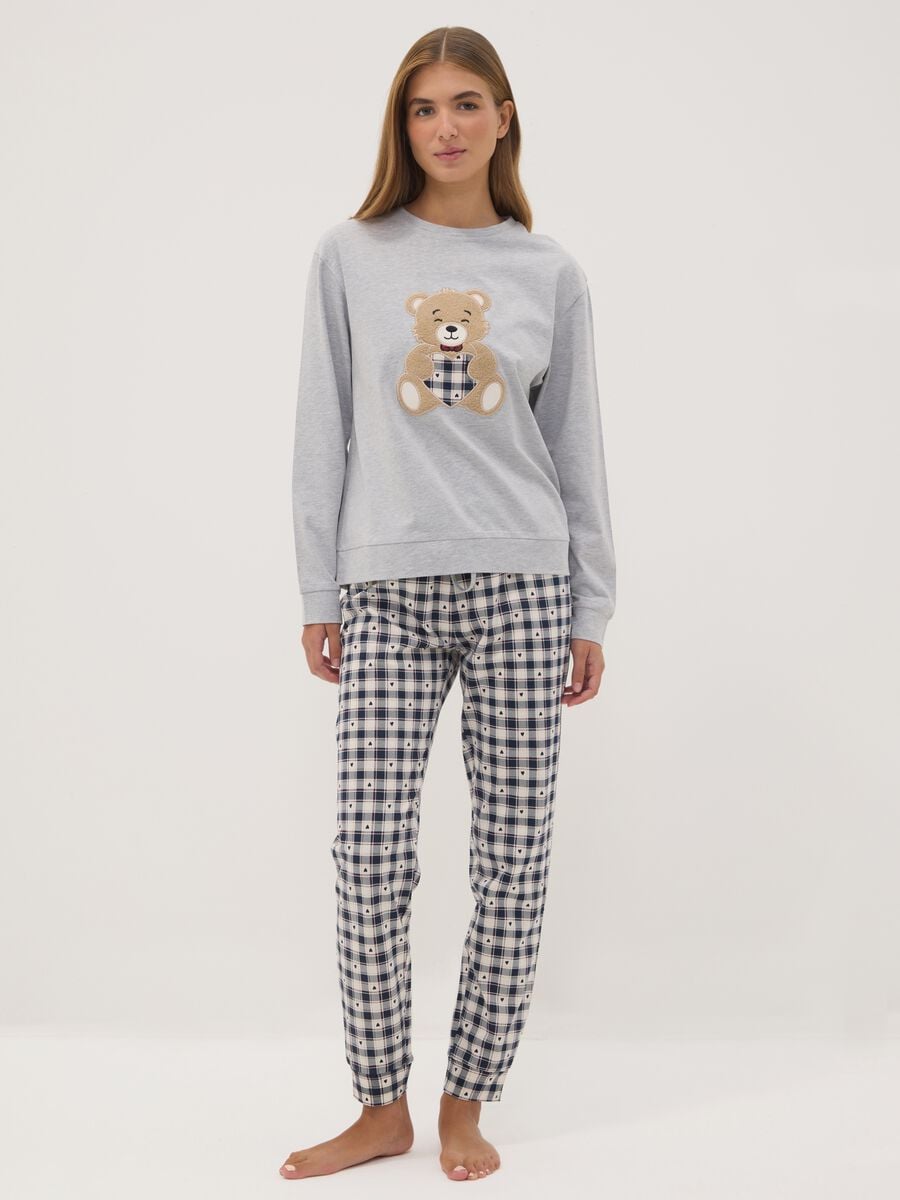 Grey marl pyjamas in organic cotton and viscose blend with crew neck_0