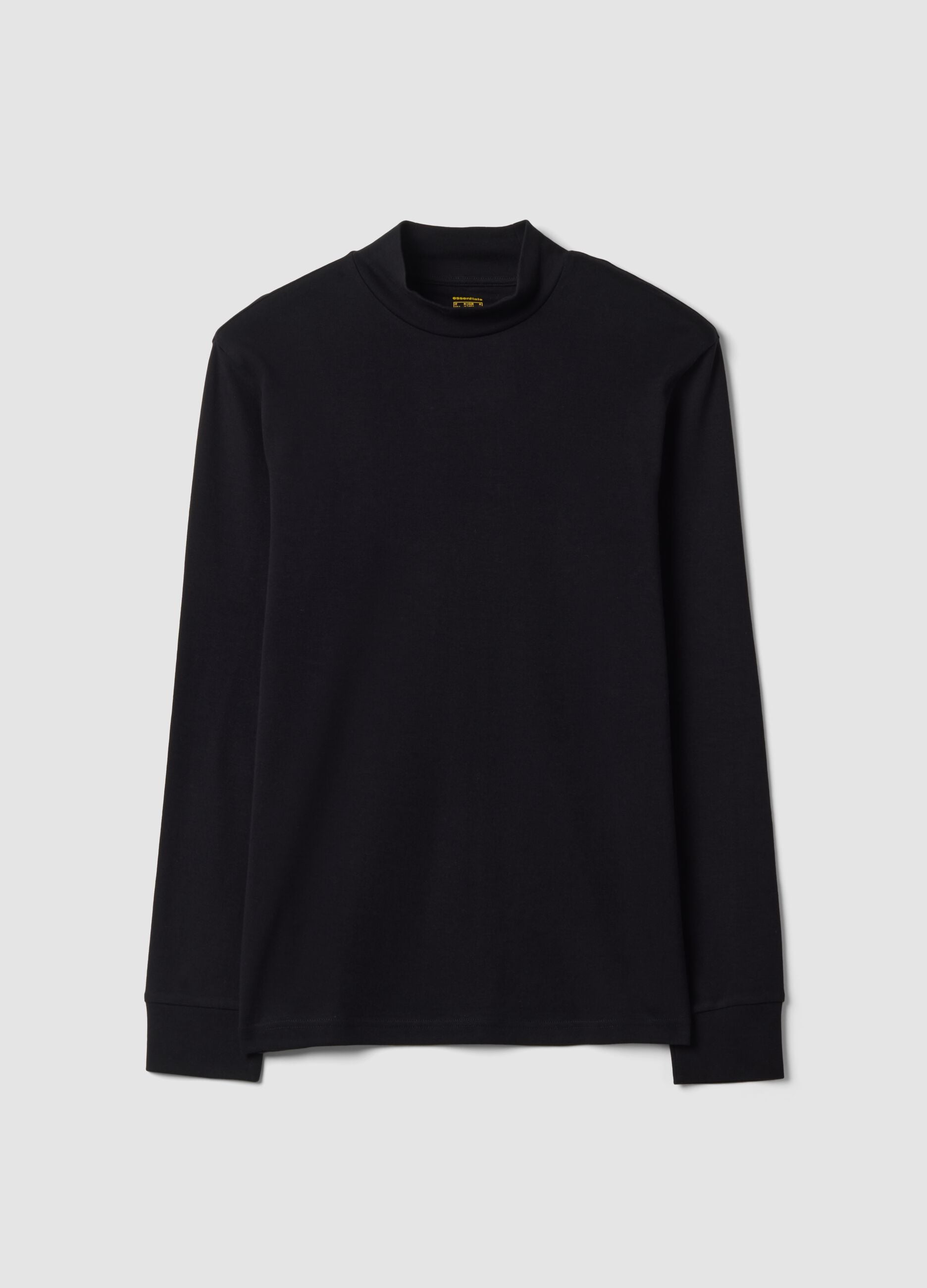 T-shirt nera in puro cotone con collo rialzato strutturato