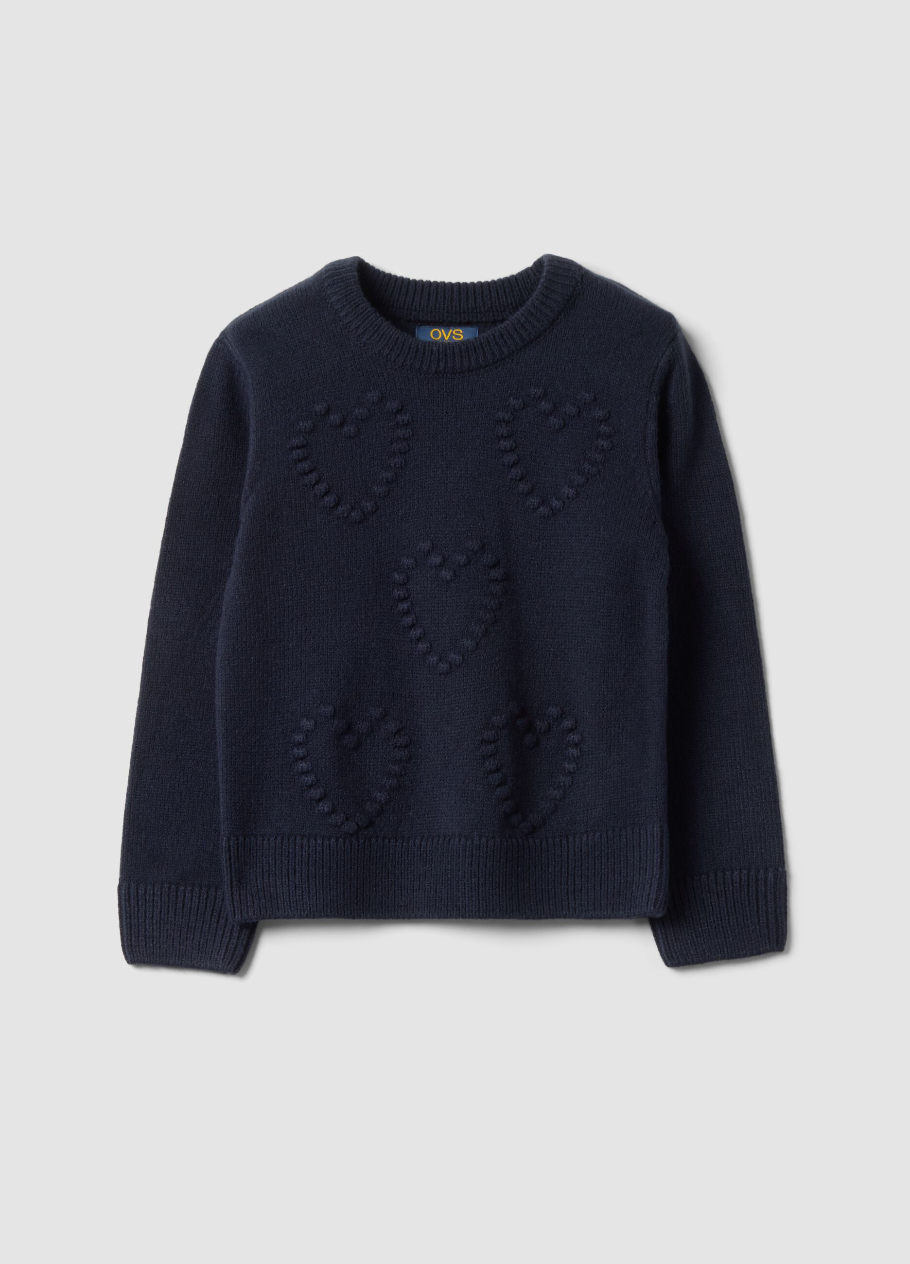 Blue crew-neck jumper with raised heart motif, regular fit, for girls