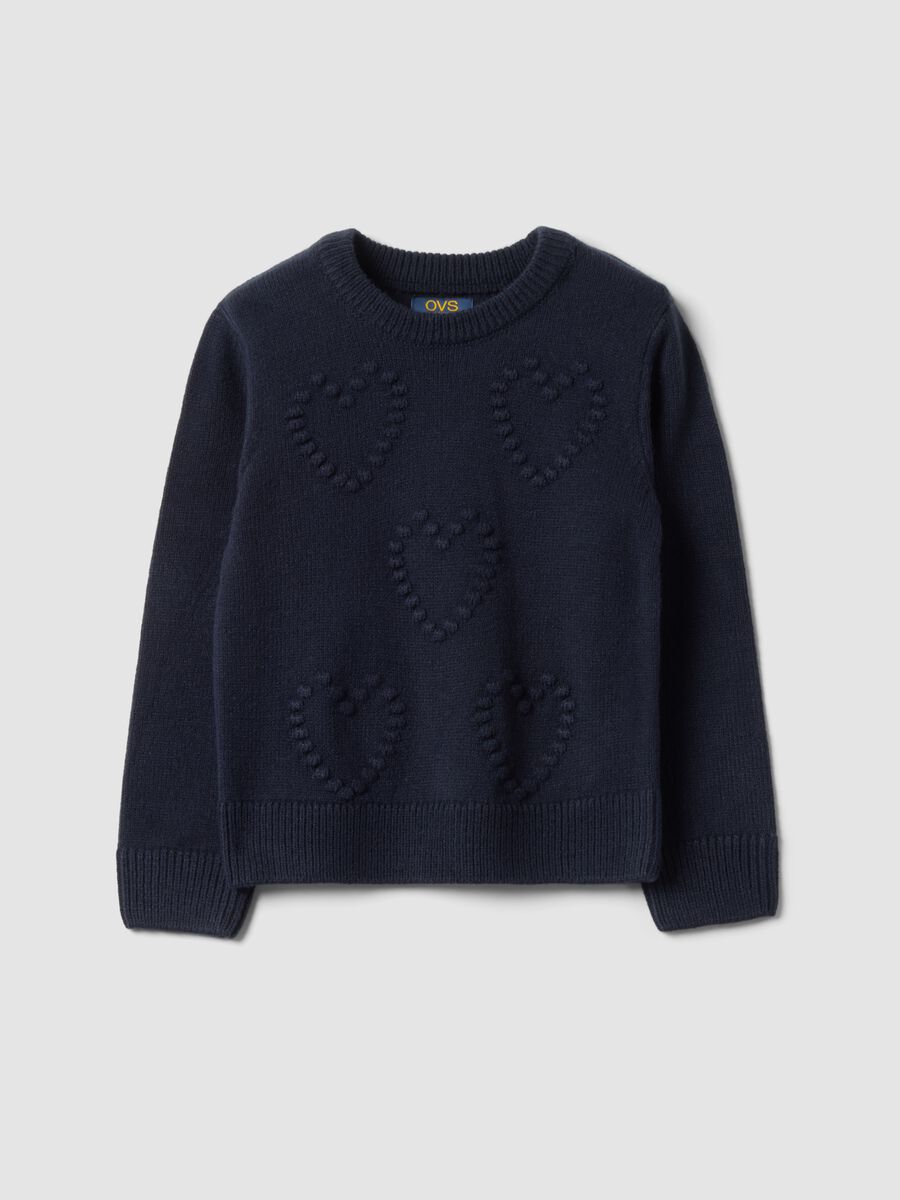 Blue crew-neck jumper with raised heart motif, regular fit, for girls_0