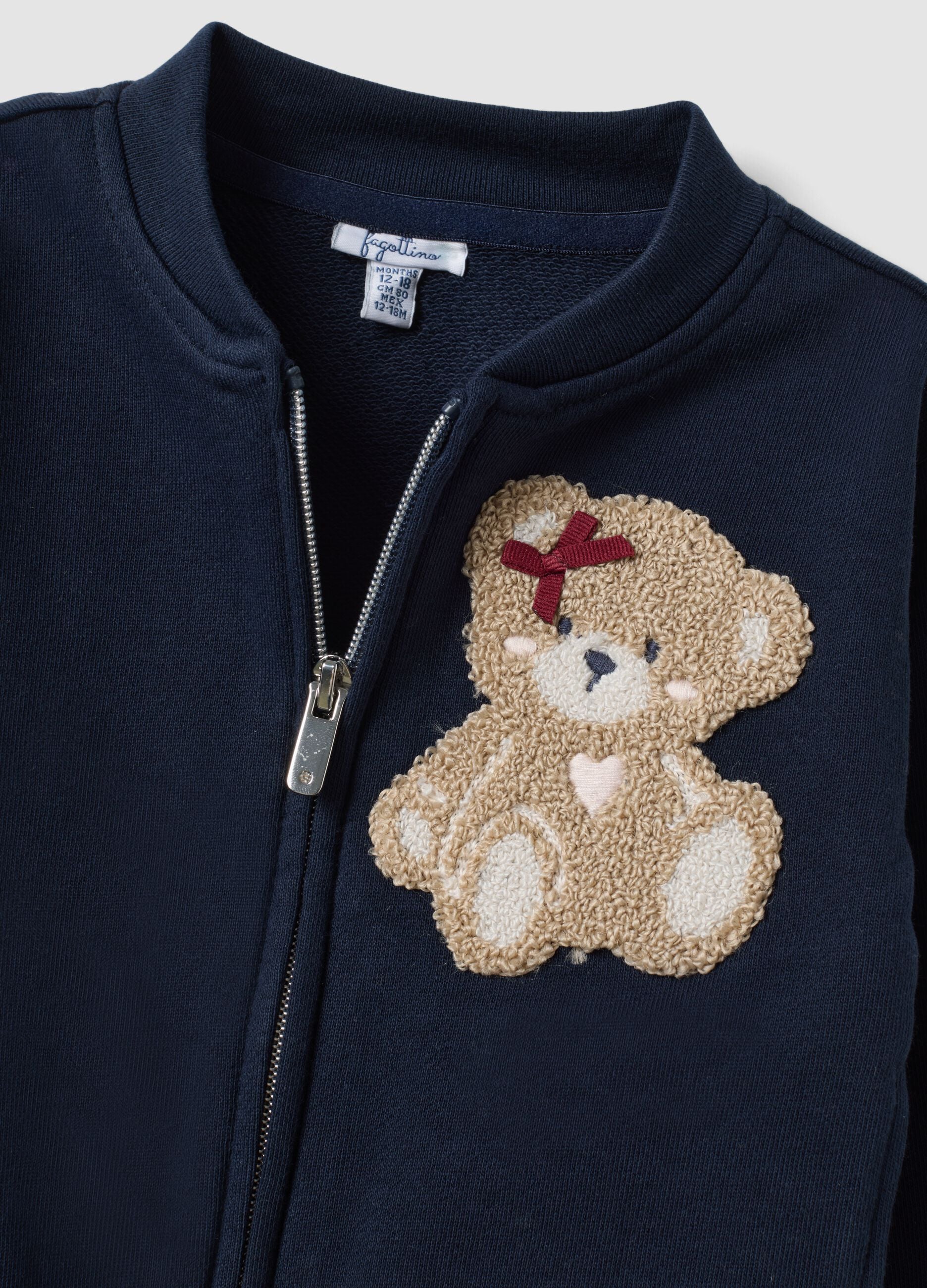 Blue pure cotton sweatshirt with crew neck, zip and teddy bear detail for baby girl