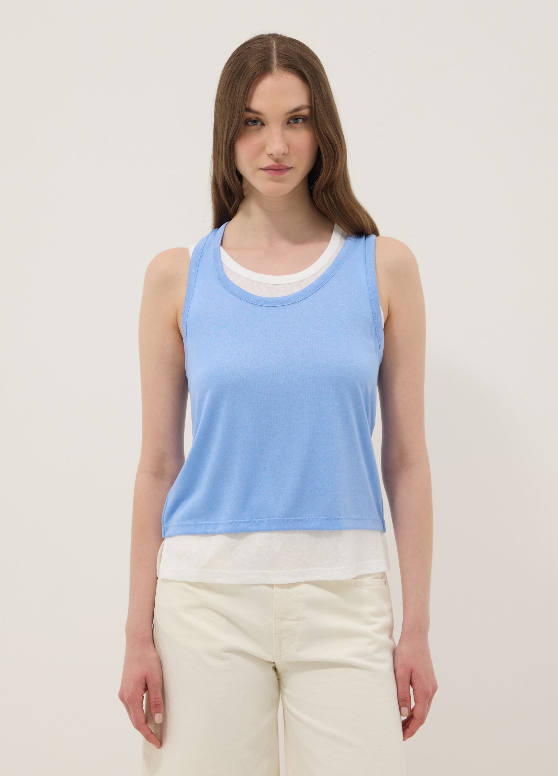 Light blue viscose-blend regular-fit tank top