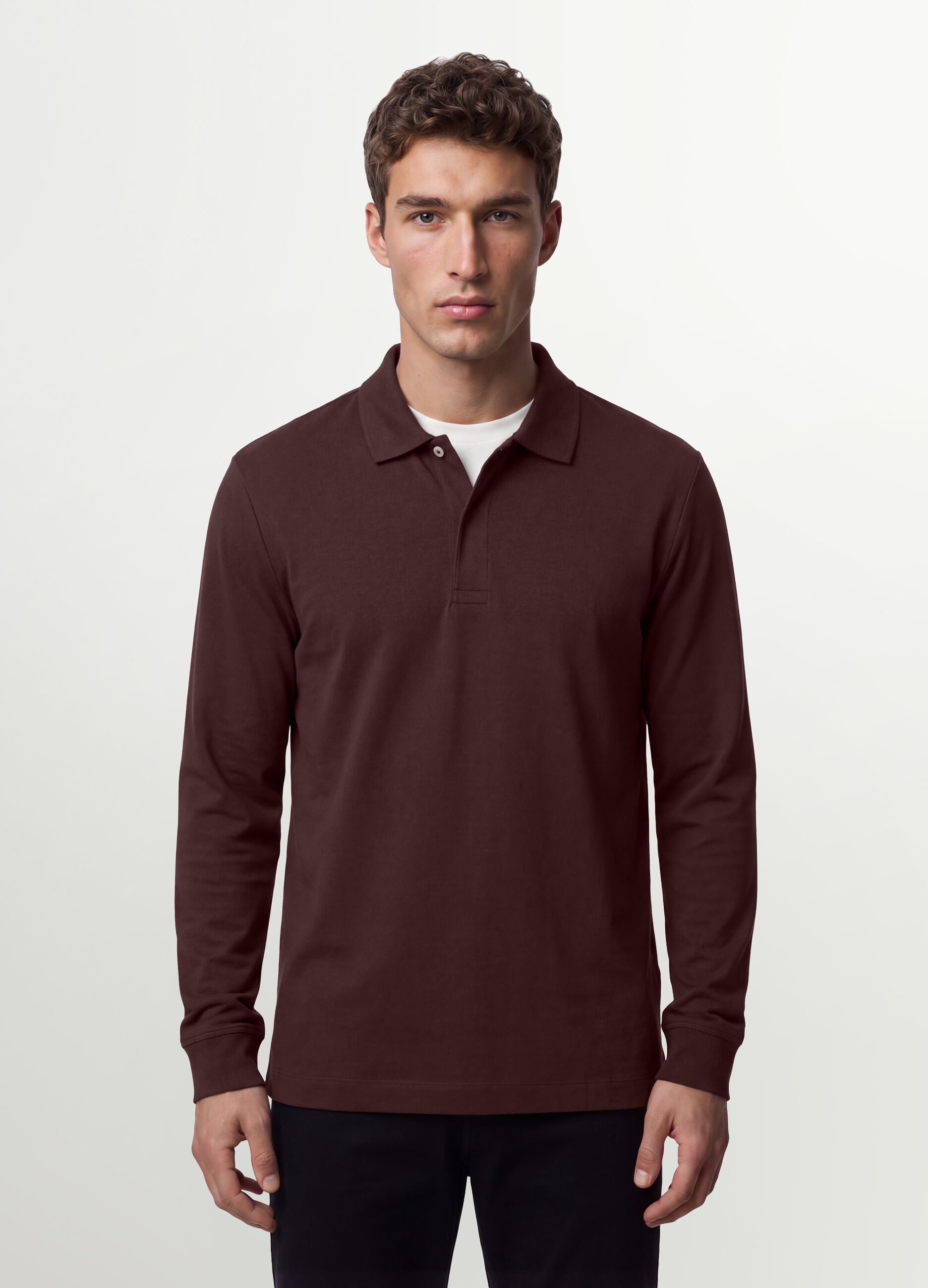 Men&rsquo;s brown regular-fit long-sleeve stretch cotton polo shirt