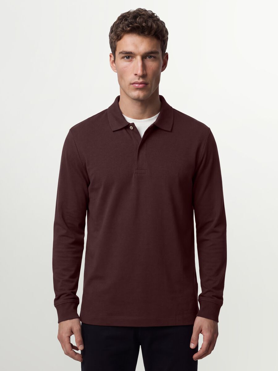 Men&rsquo;s brown long-sleeve stretch cotton polo shirt, regular fit_0