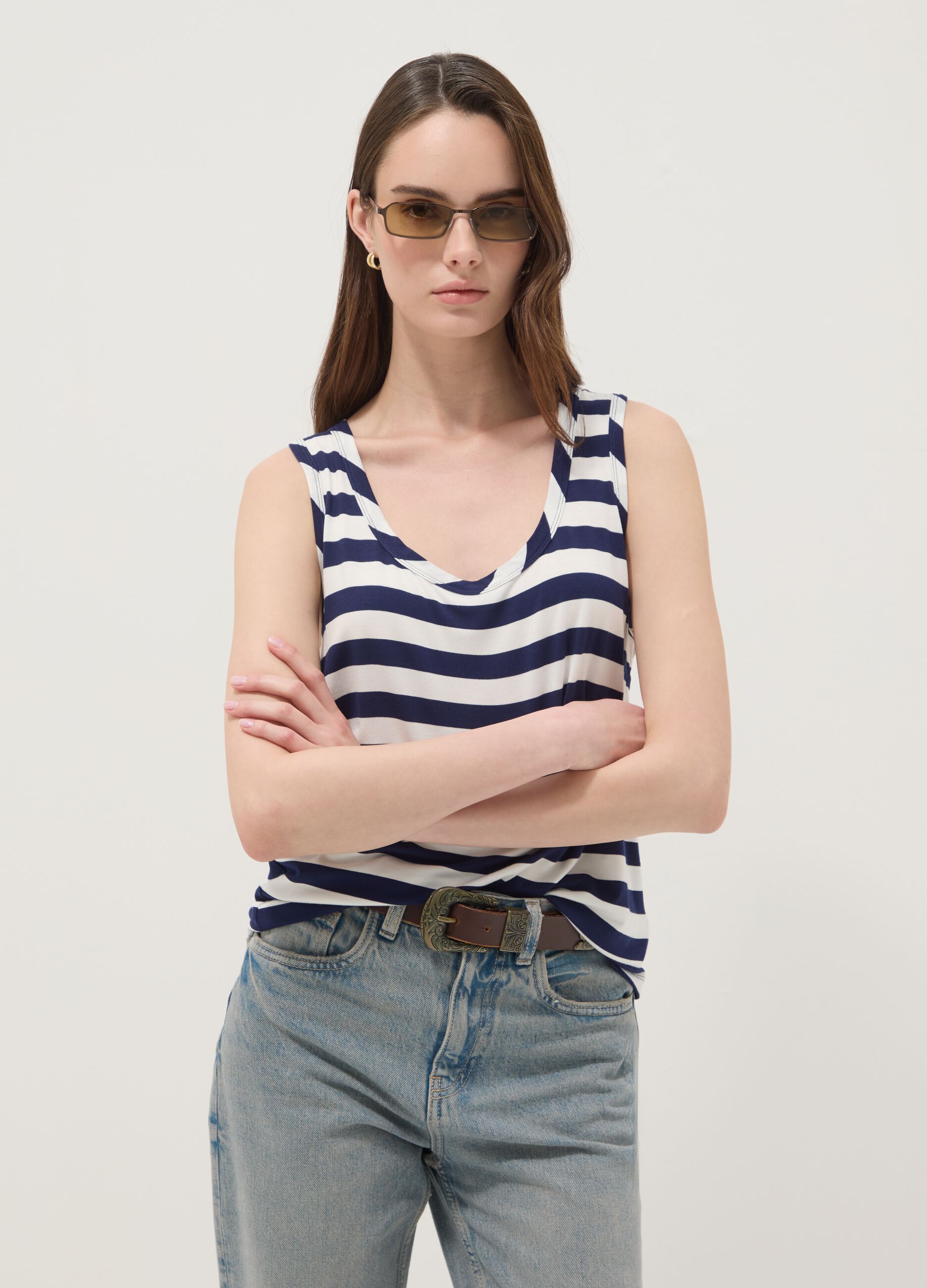 Multicolour striped regular-fit stretch viscose tank top