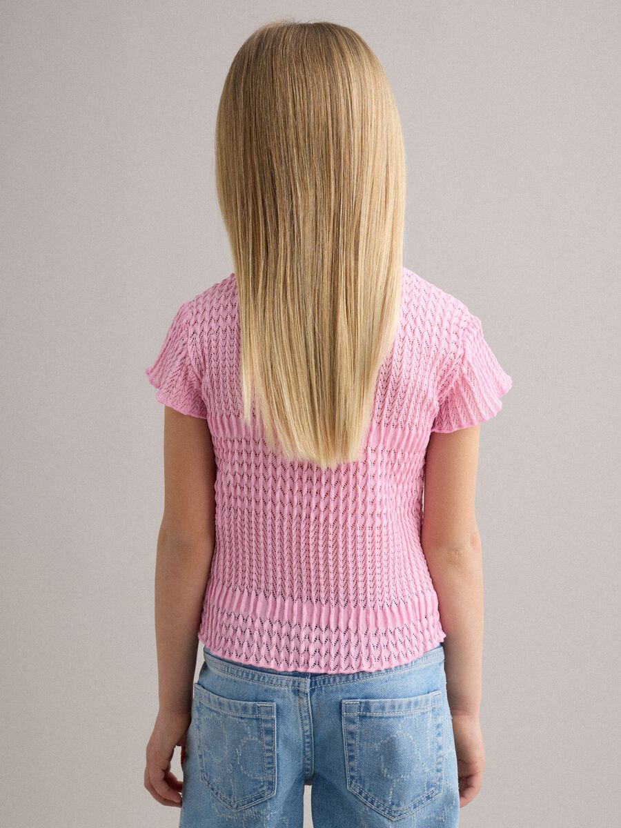 Pink short-sleeve girls' T-shirt regular fit with mesh texture_2