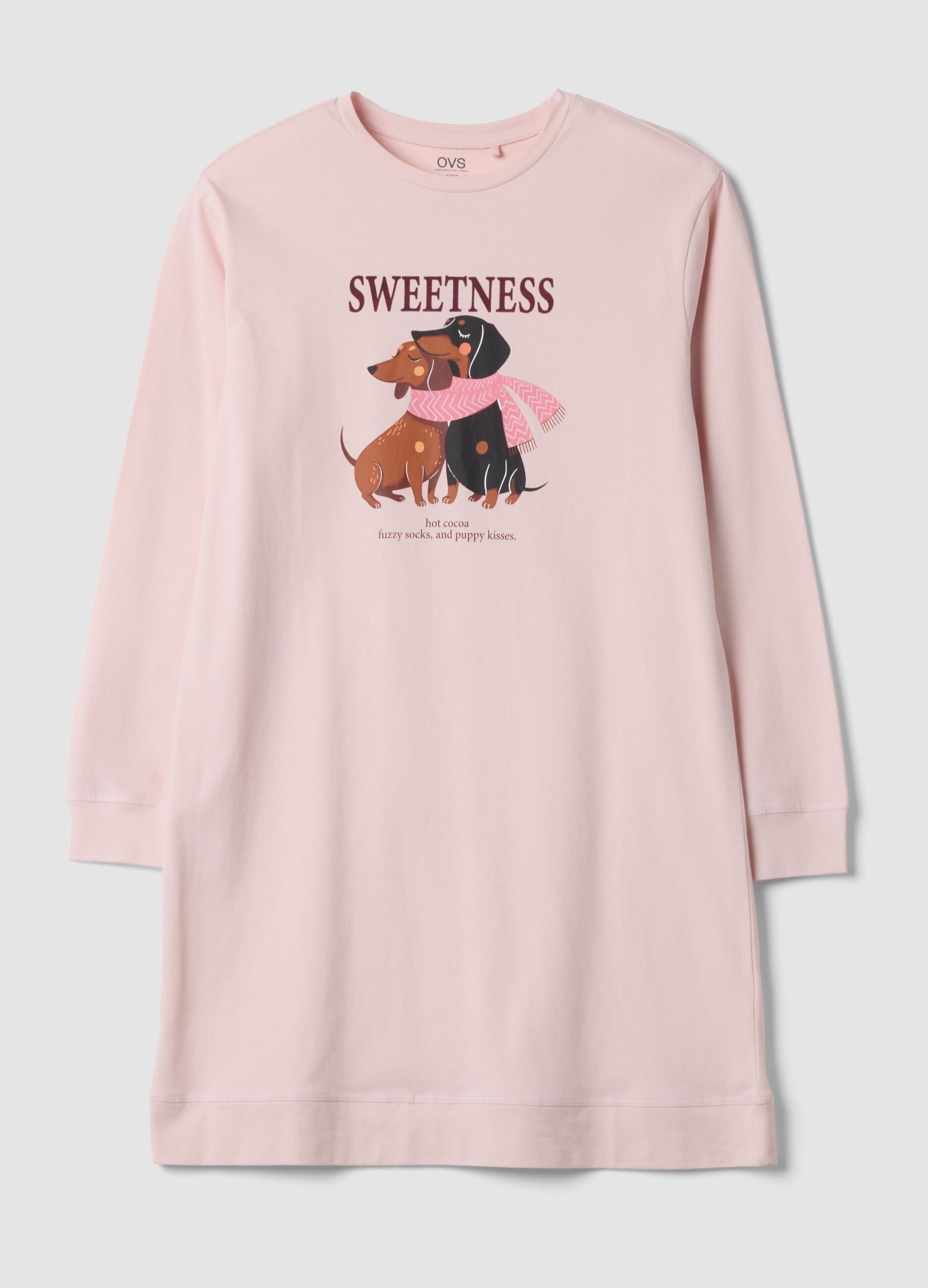 Camisa de noite rosa em algod&atilde;o org&acirc;nico com decote redondo