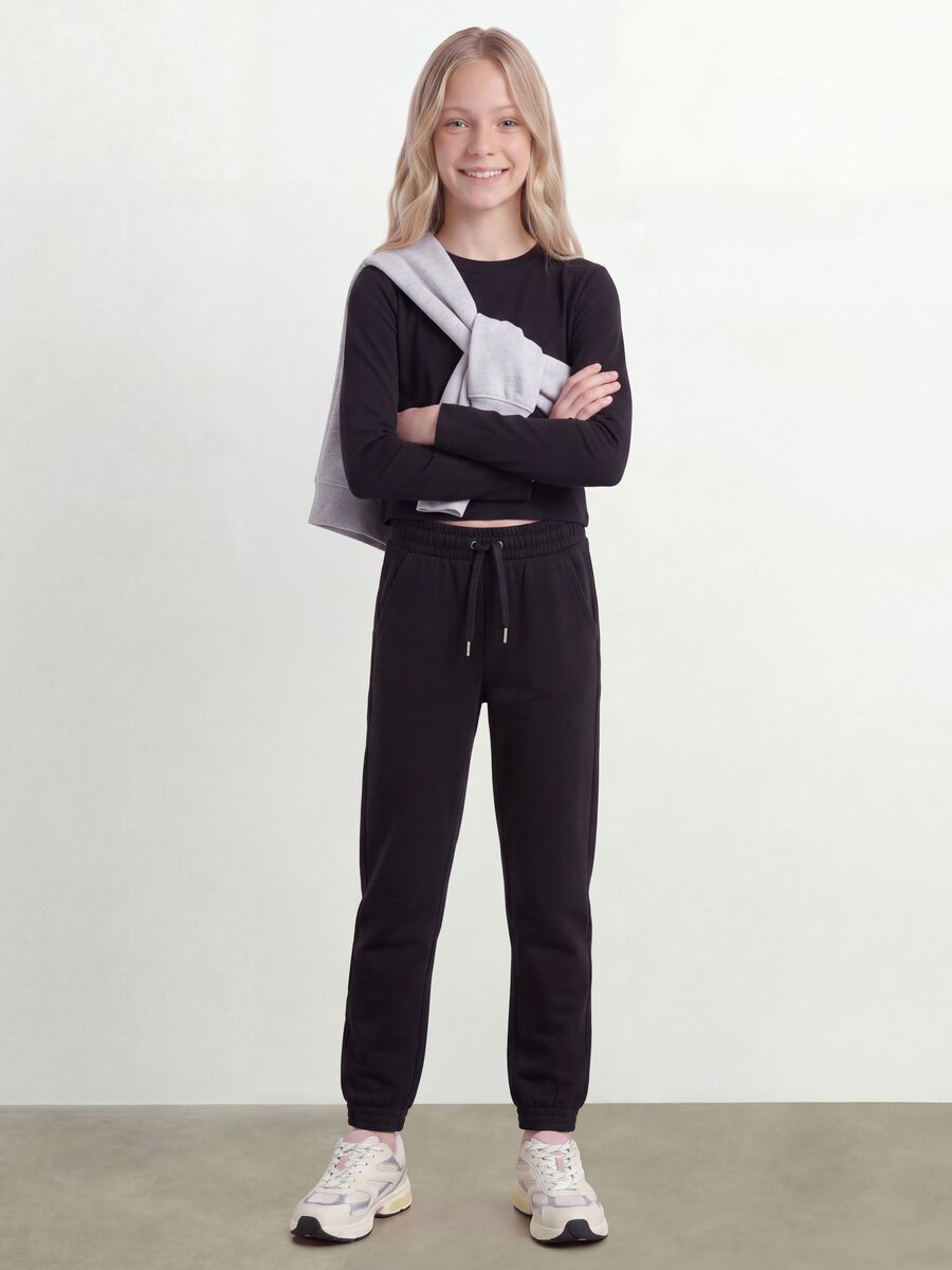 Black pure cotton T-shirt with ribbed neckline for girls_1