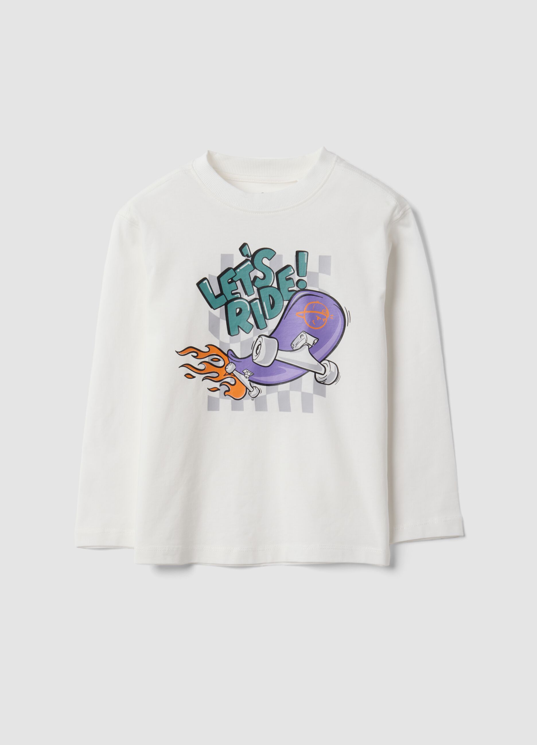 T-shirt bianca in puro cotone a girocollo con stampa skater per bambino