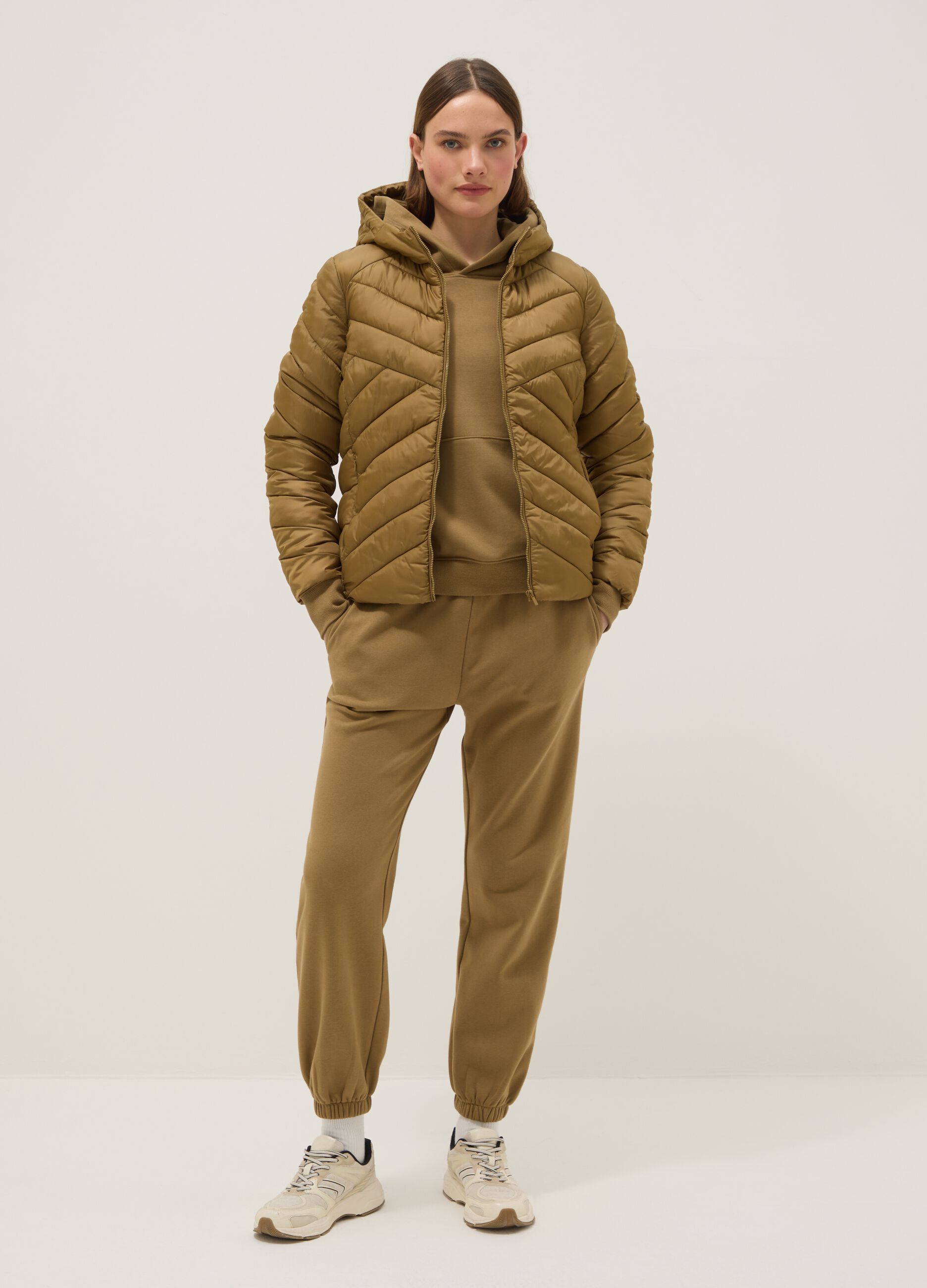 Brown padded regular fit jacket with hood