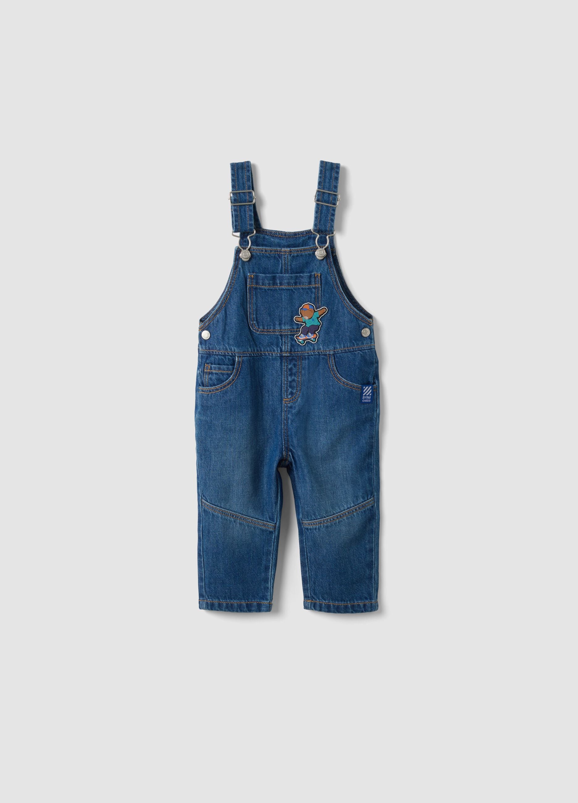 Blue pure cotton denim dungarees with teddy bear motif for baby boy