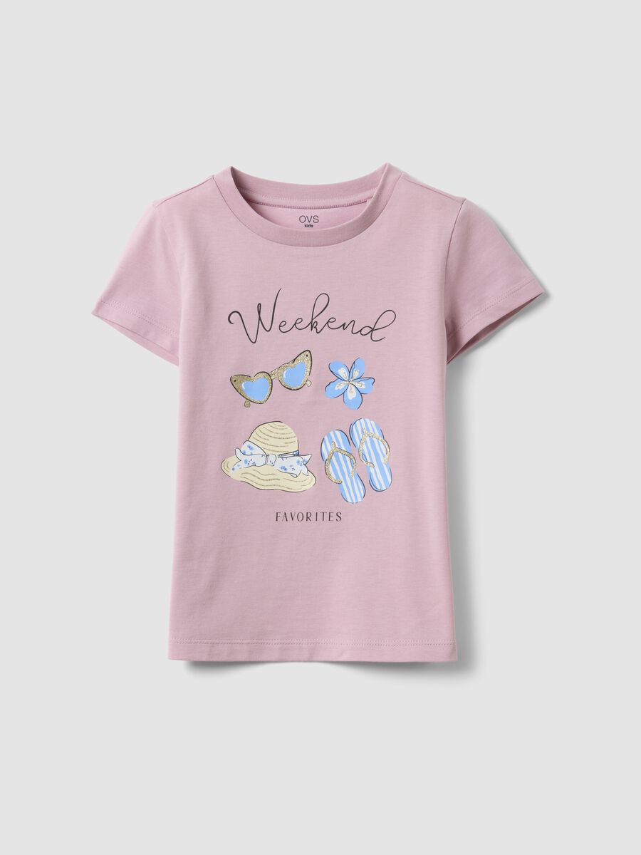 Girls&rsquo; pink organic cotton T-shirt with print and glitter_0
