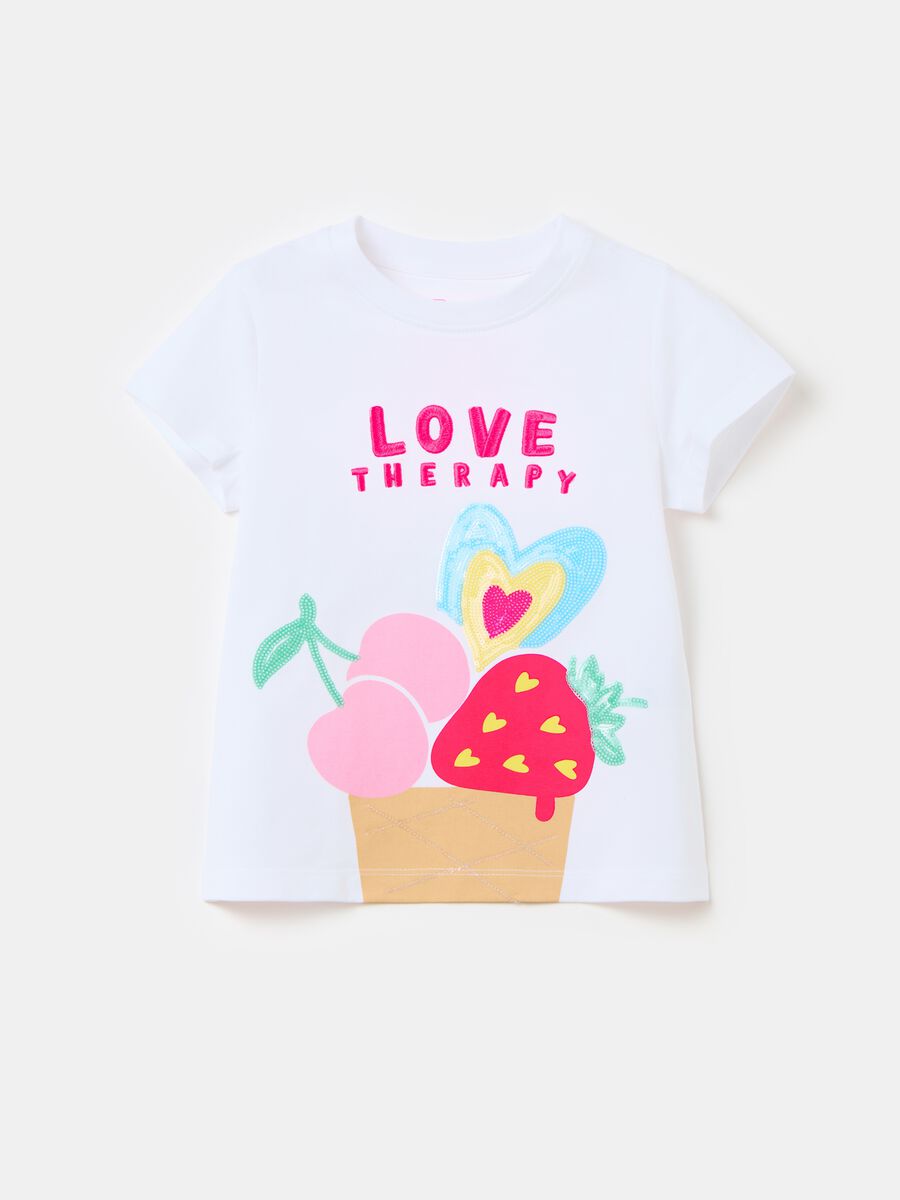 Camiseta de algodón estampado fruta y lentejuelas_0