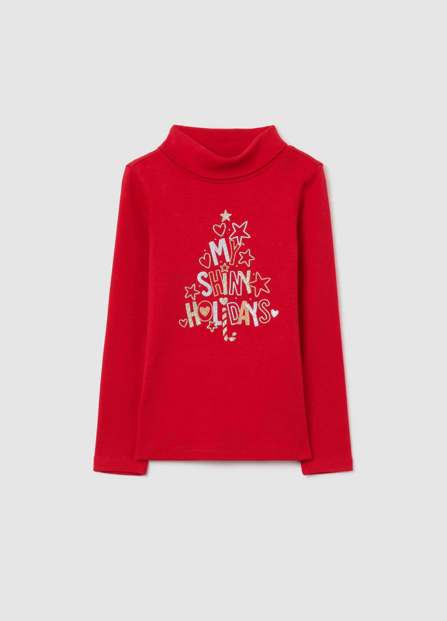 Girls' red regular fit Christmas sweater in pure cotton