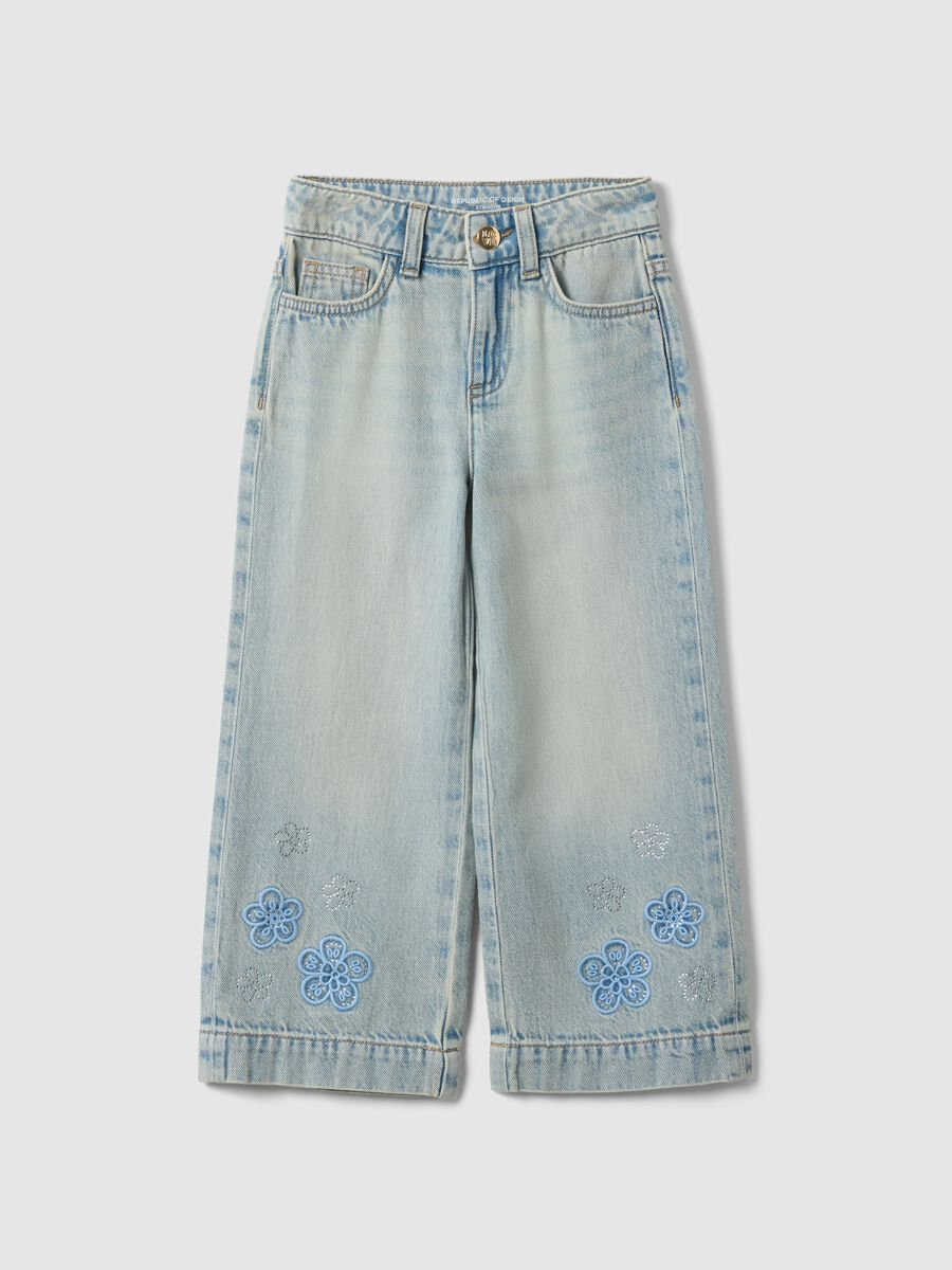 Jeans in puro cotone denim azzurro da bambina regular fit con ricami_0