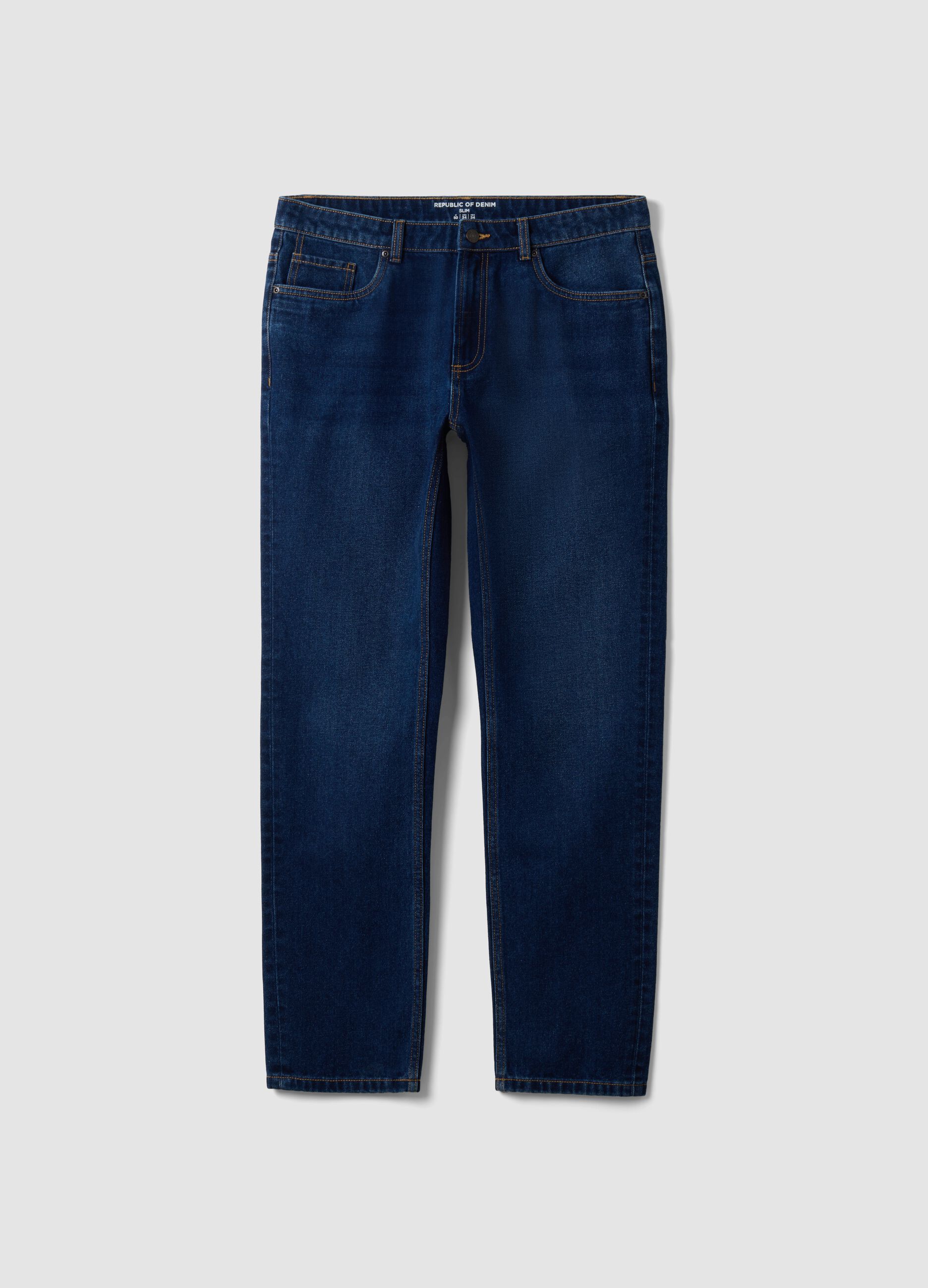 Jean bleu fonc&eacute; slim en m&eacute;lange coton et viscose
