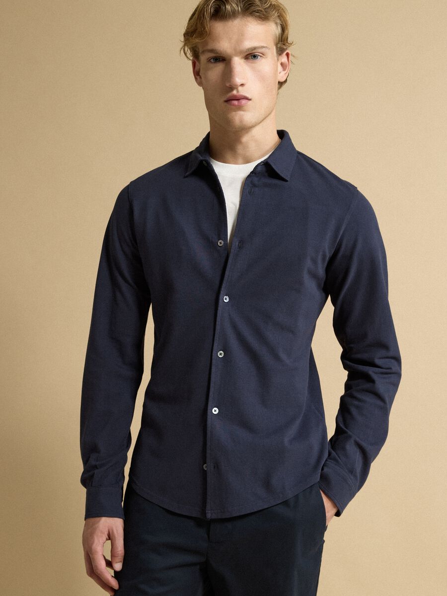 Blue long-sleeve pure cotton piqu&eacute; polo shirt, regular fit_1