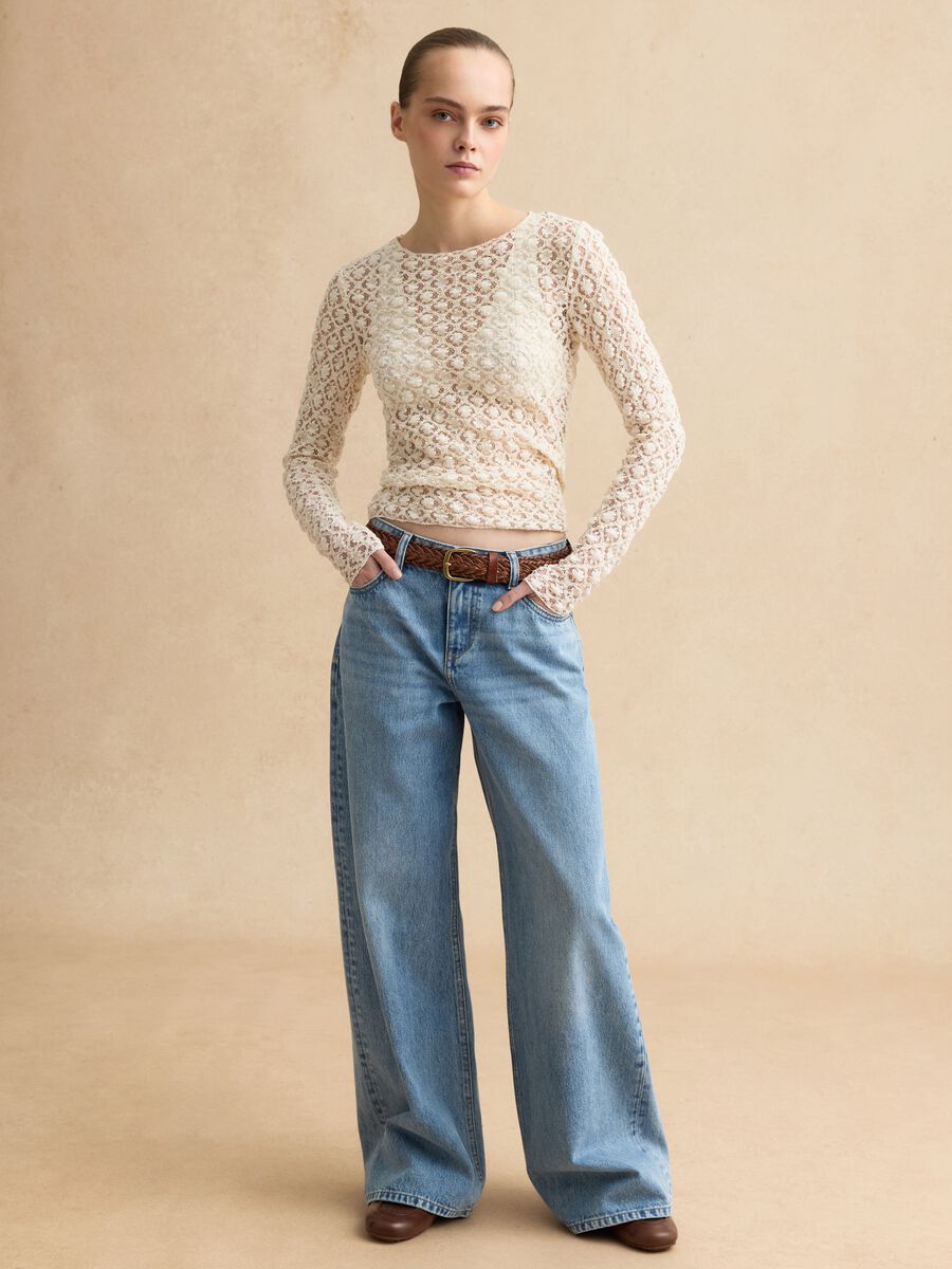 Beige stretch cotton blend regular fit top with lace_2