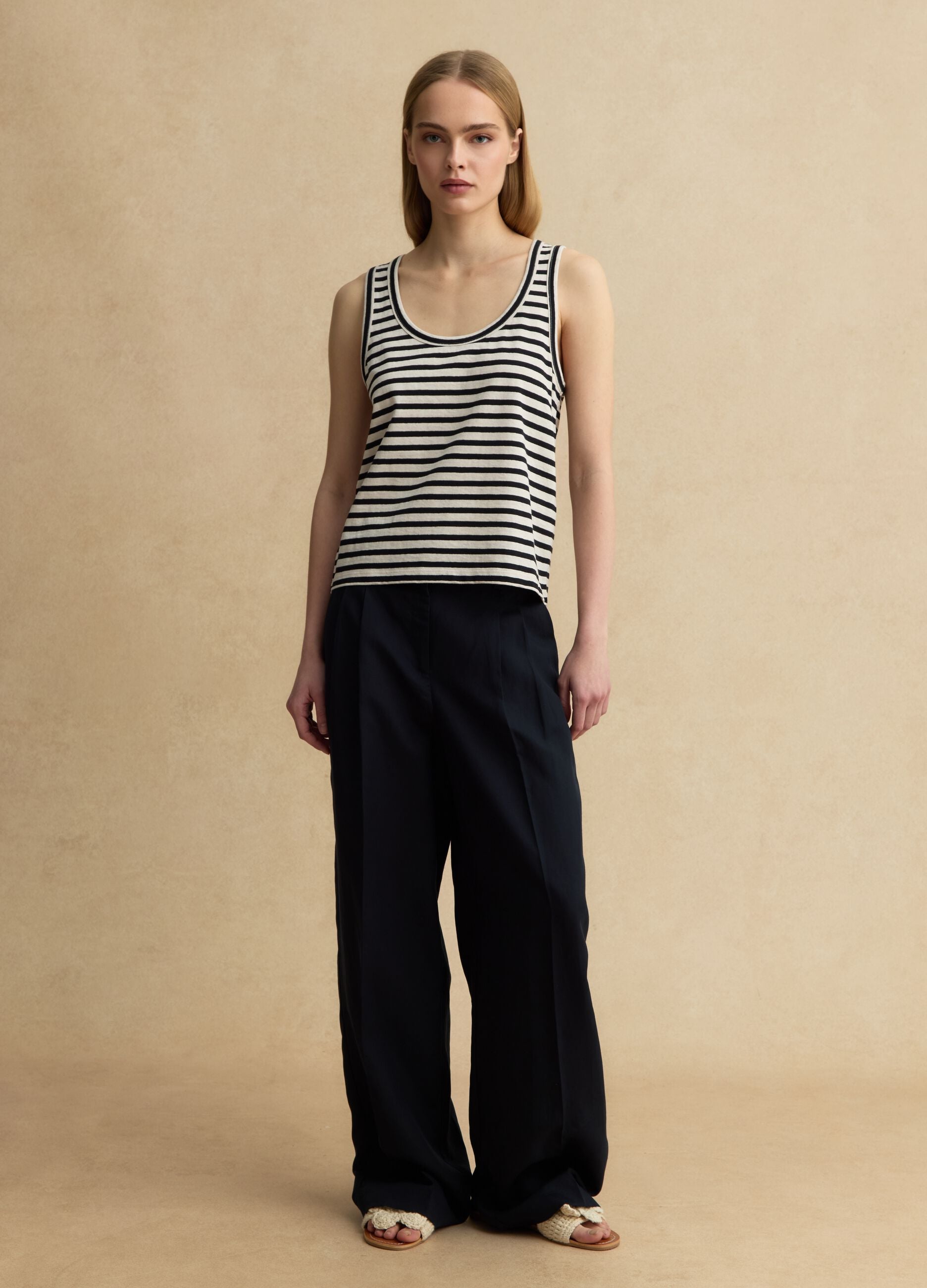 Multicolor striped regular fit cotton and linen tank top