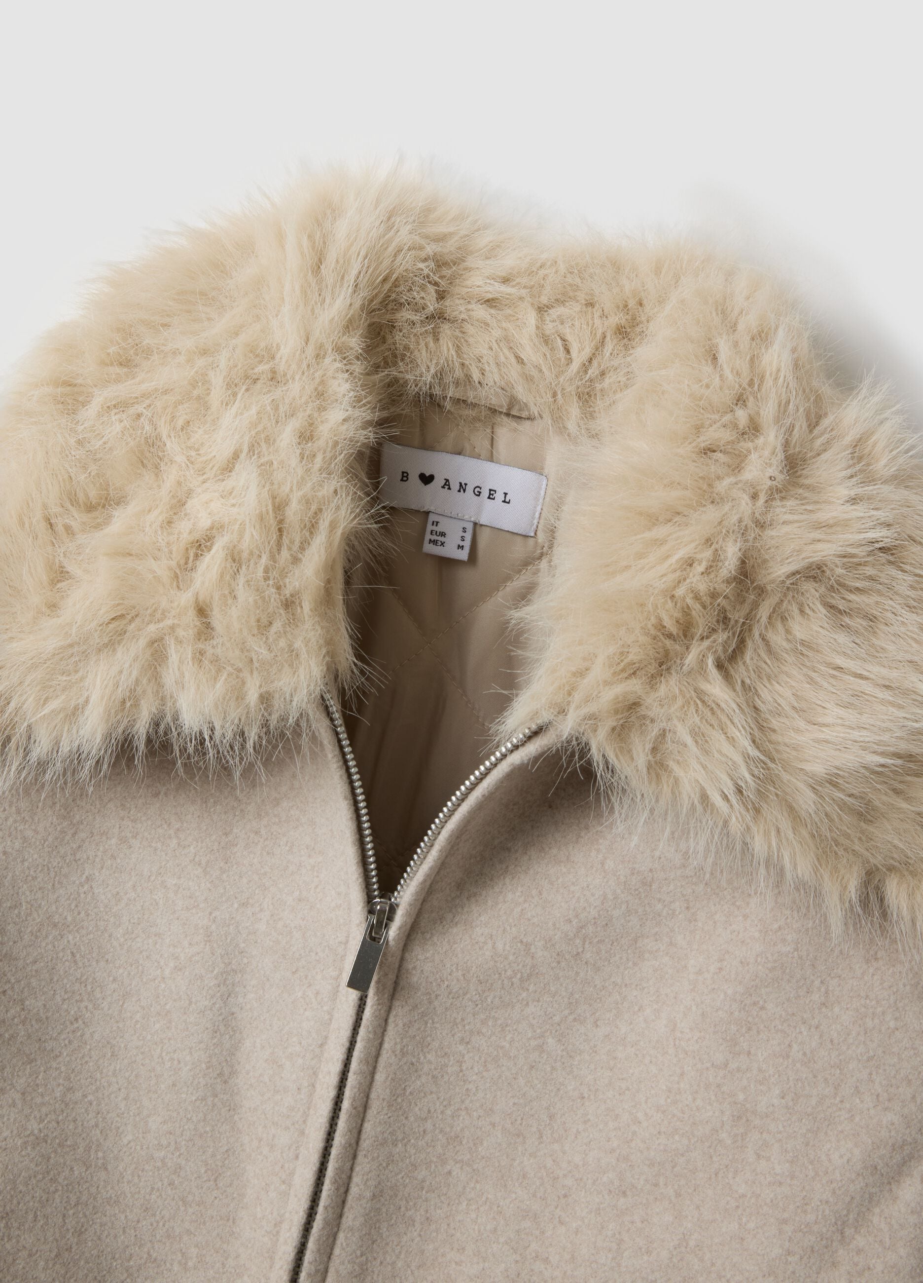 Beige jacket with zip and faux-fur collar