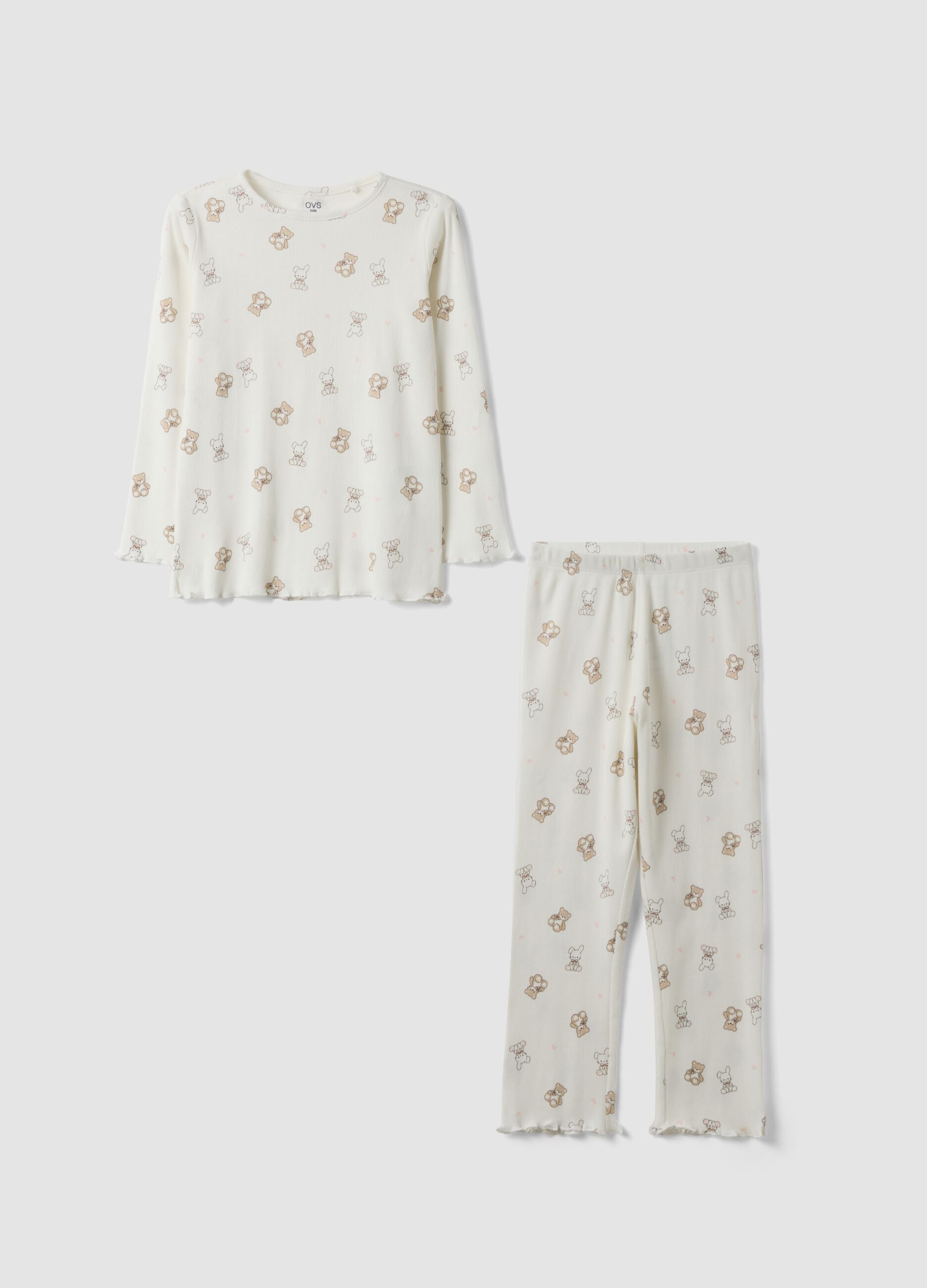 White pure organic cotton ribbed pyjamas with teddy bears for girls