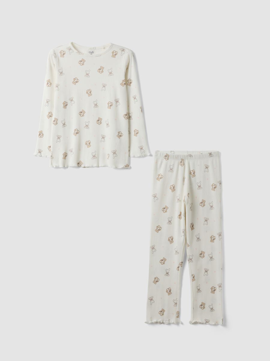 White pure organic cotton ribbed pyjamas with teddy bears for girls_0