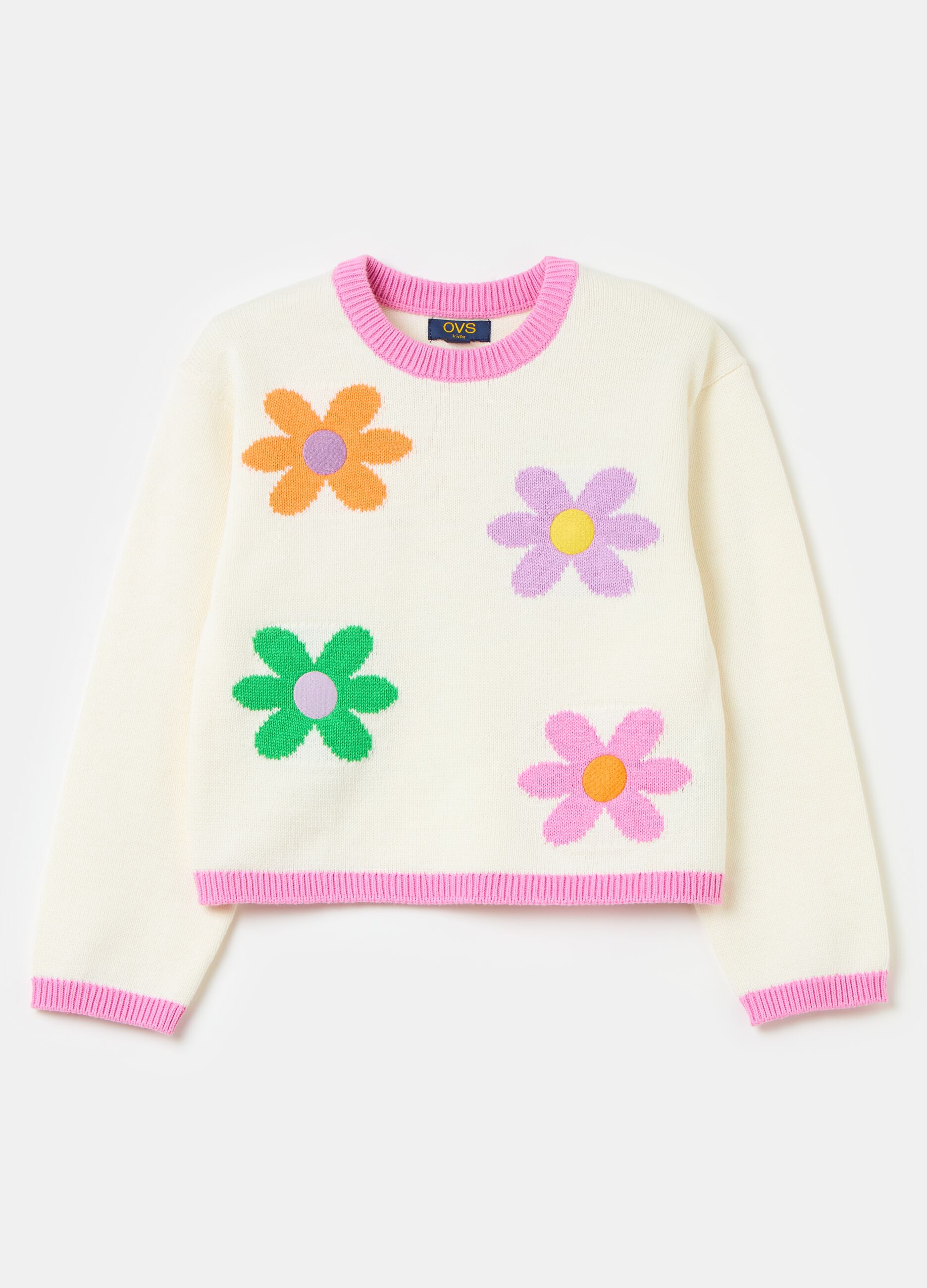 Cotton pullover with jacquard flowers