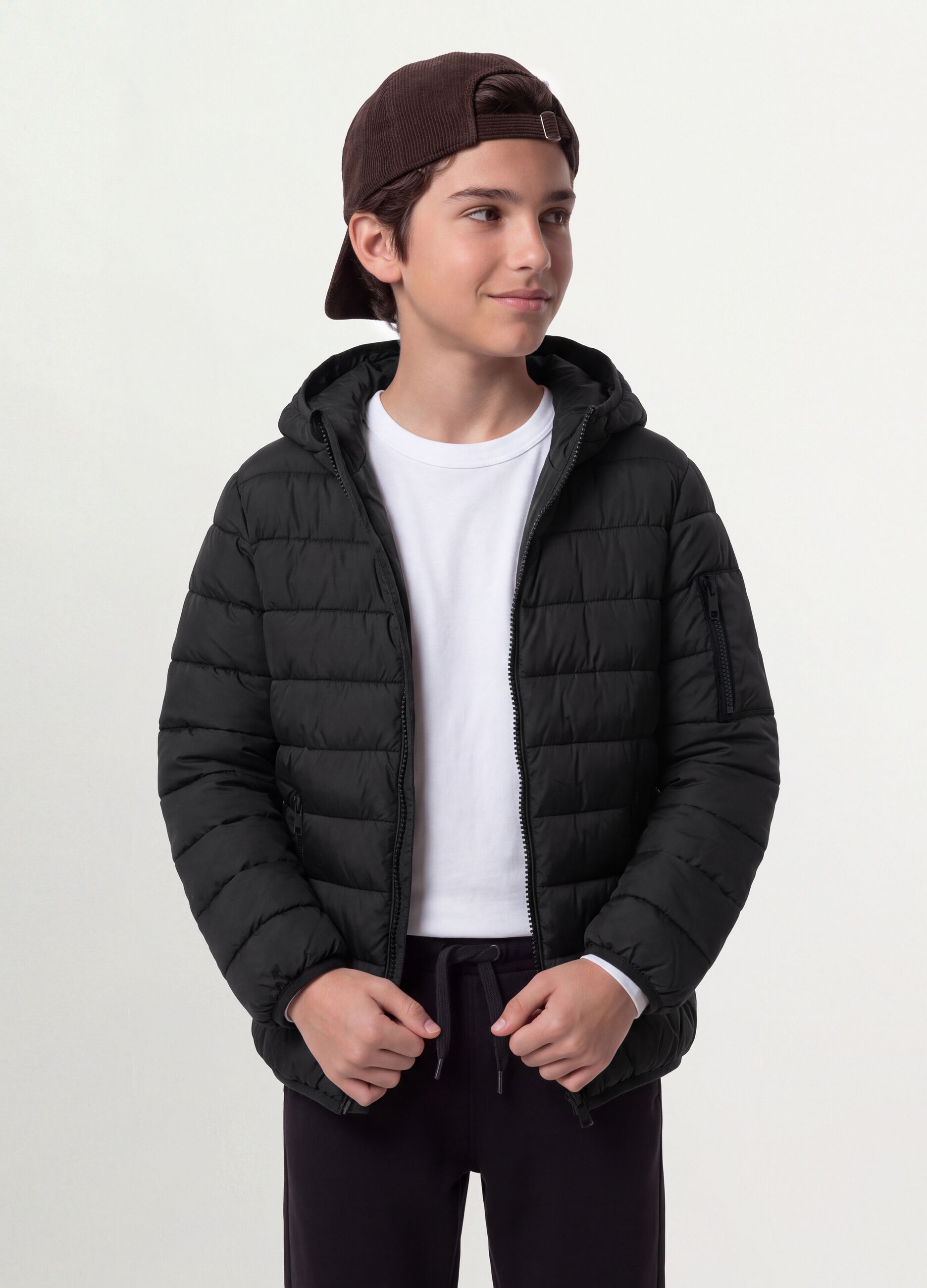 Black Ultralight padded hooded jacket with zip for boys