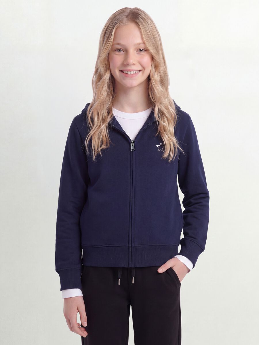 Blue organic cotton hooded zip-up sweatshirt with star detail for girls_0